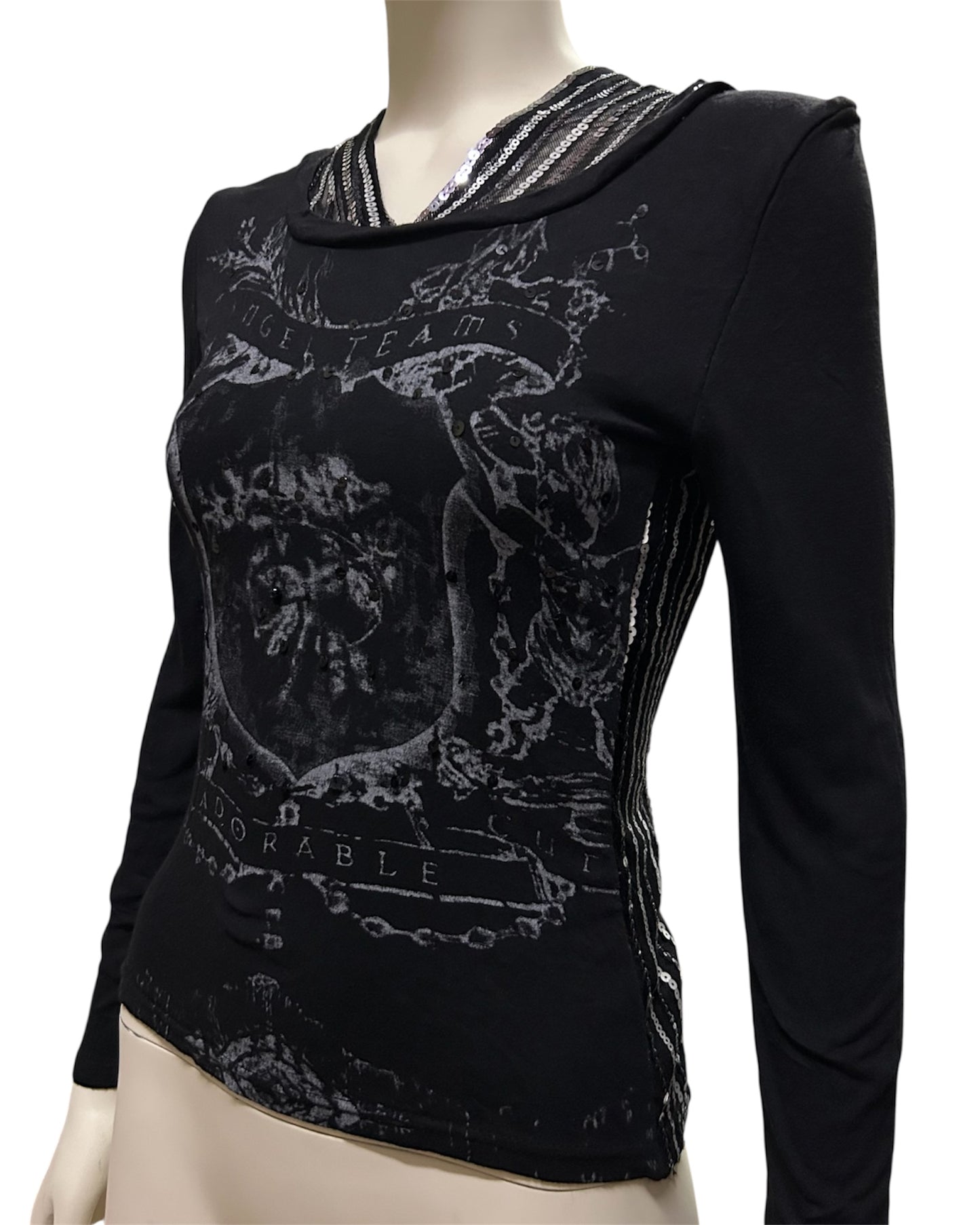 Women Black Graphic with Hooded Long Sleeve