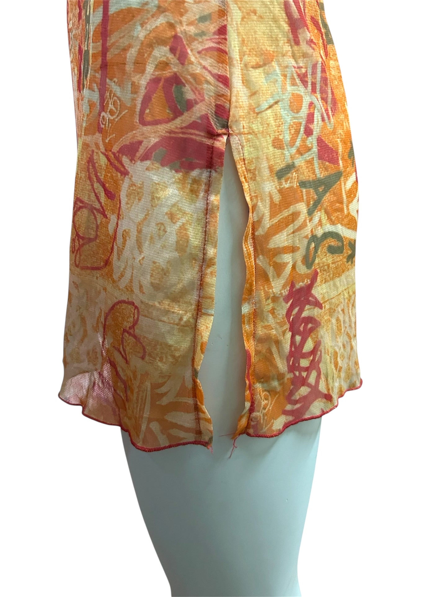 Wome’s Mesh Graffiti Printed Bell Sleeve Side Open Hip Mini Dress