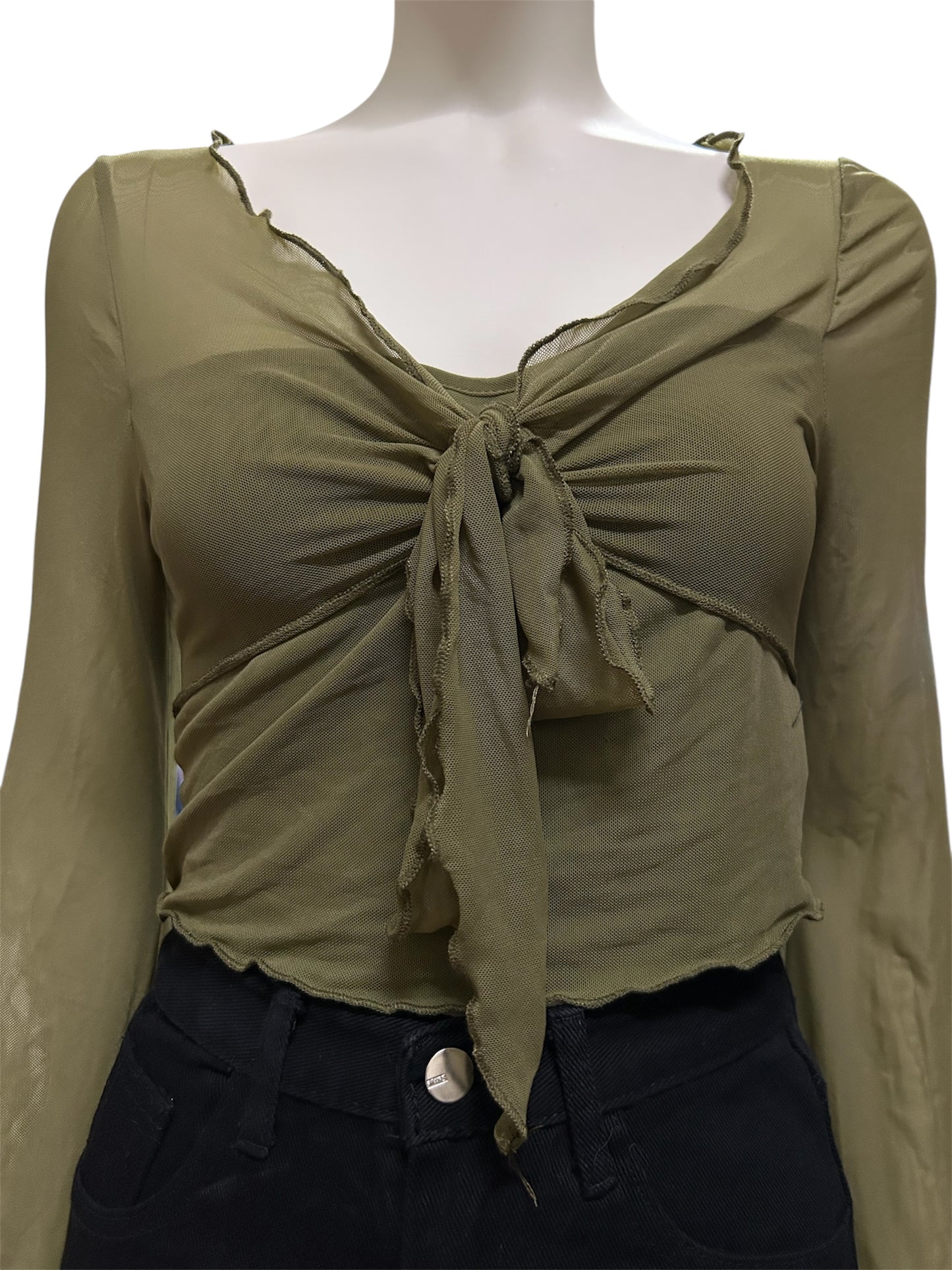 Women’s Tie Front Lettuce Trim Vneck Flare Long Sleeve Crop Tee Shirt Top