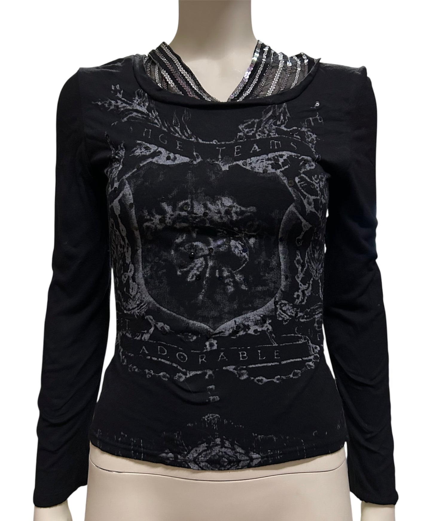 Women Black Graphic with Hooded Long Sleeve
