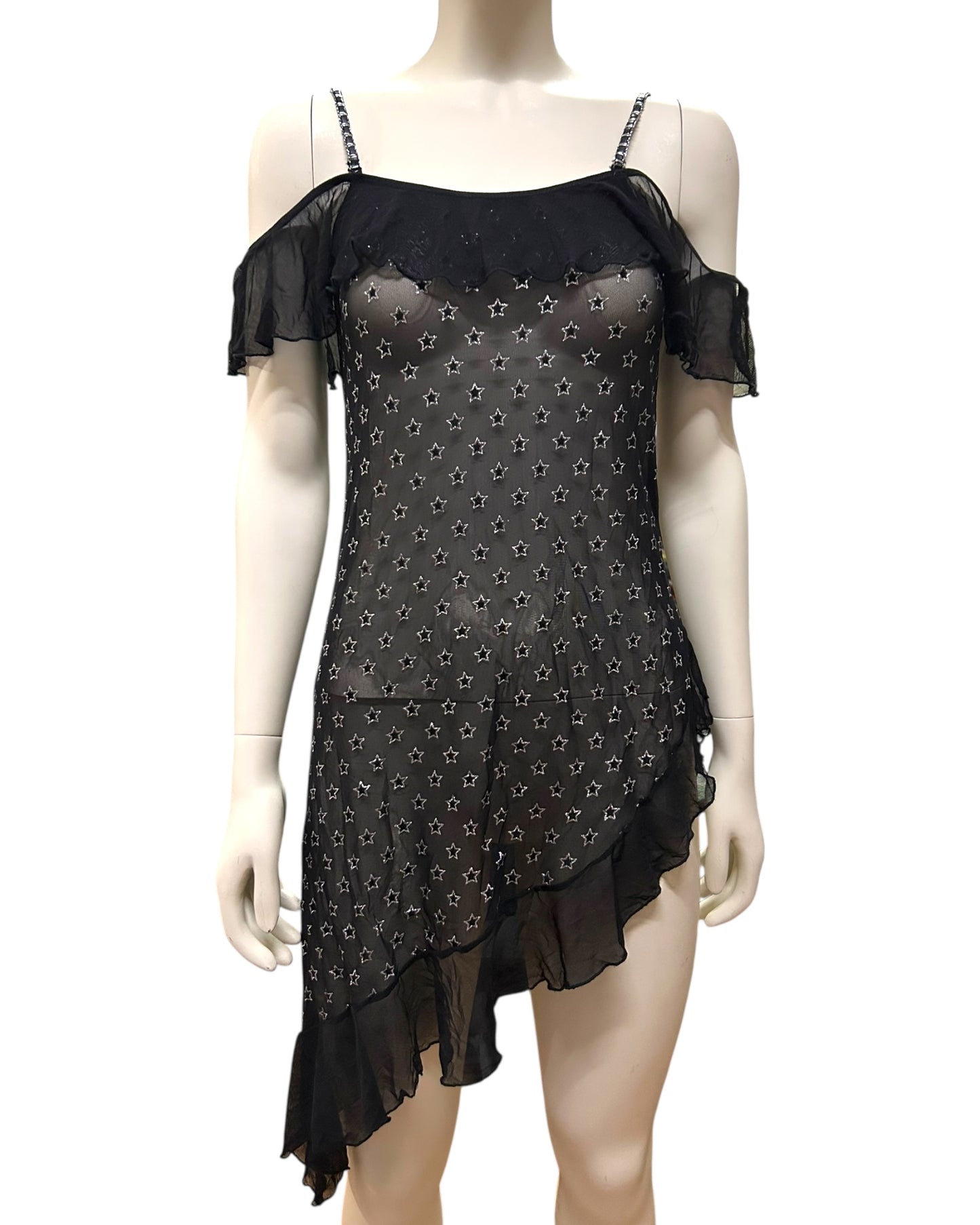 Black Star Cold Shoulder Side Ruffled Mini Dress Medium