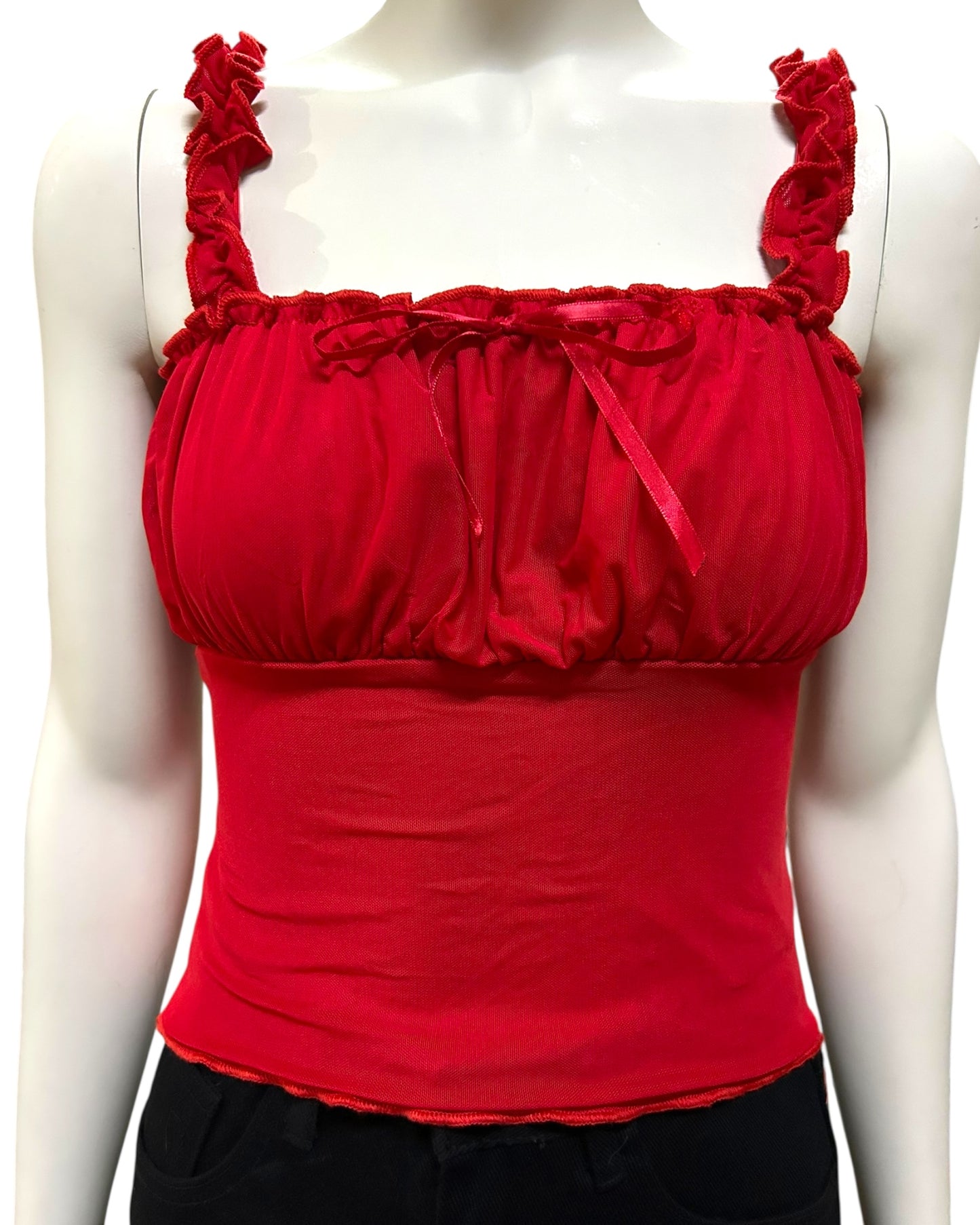 Red Square Neck Frill Strap Corset Spagetti Ribbed Tops XS to Small