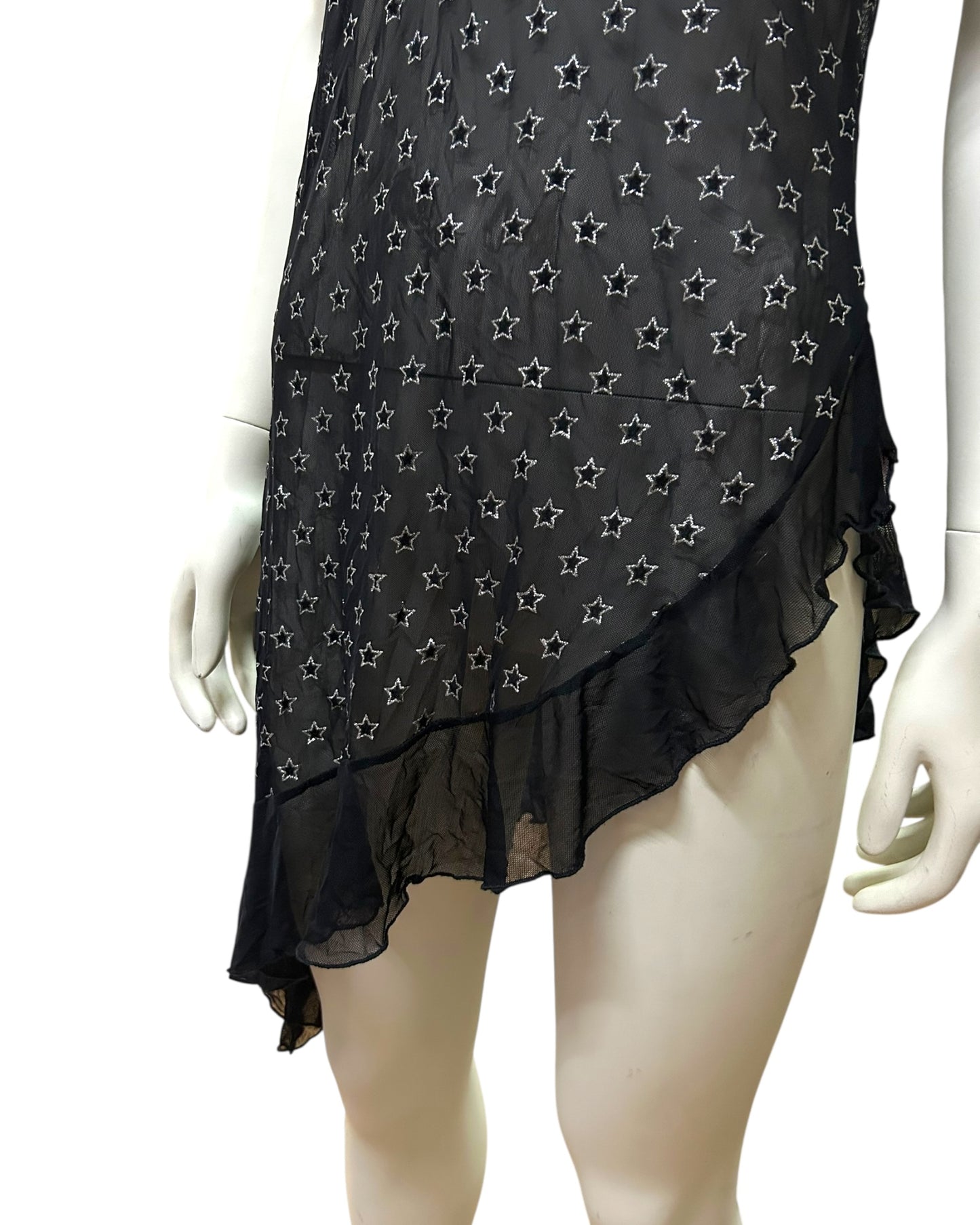 Black Star Cold Shoulder Side Ruffled Mini Dress Medium