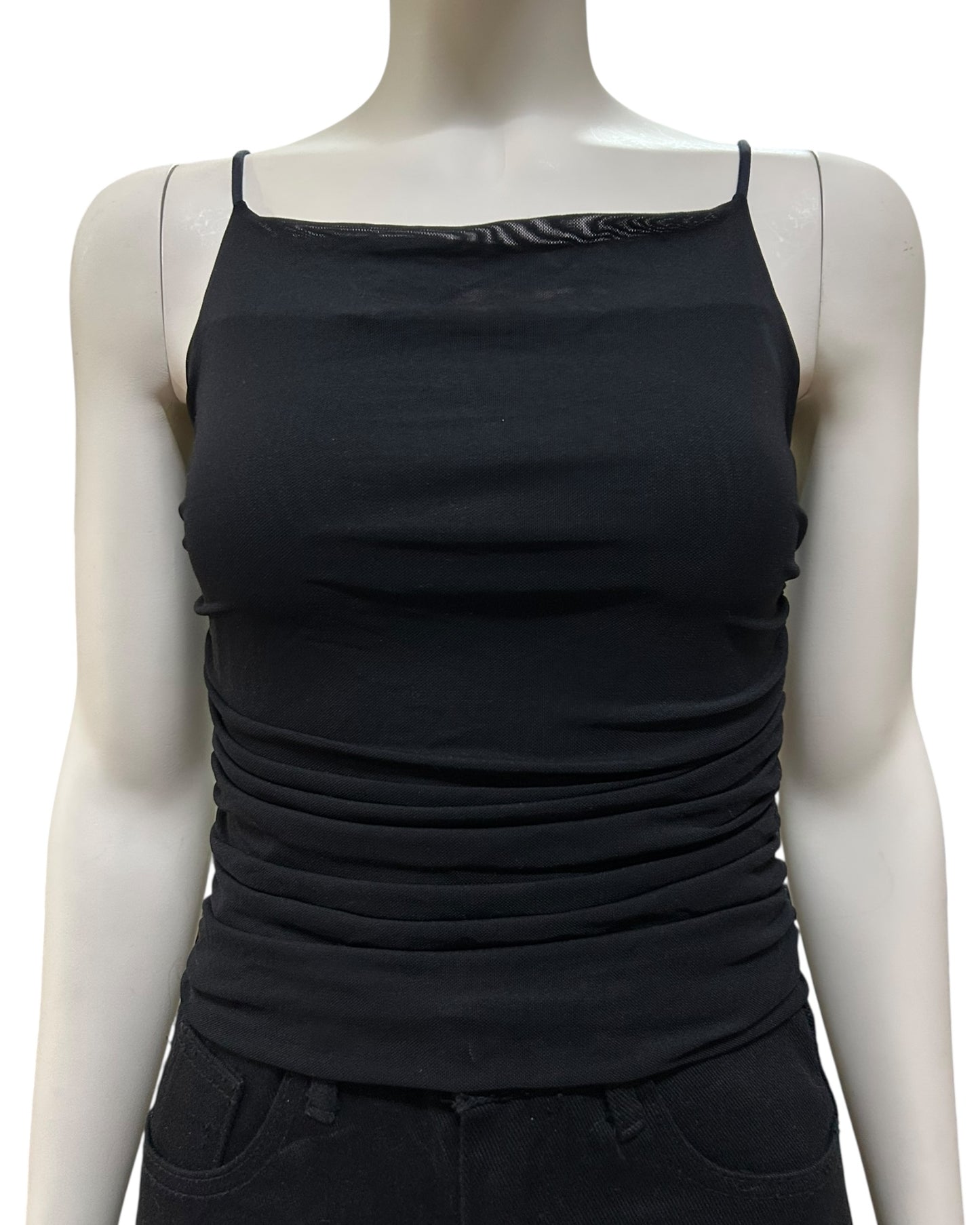 Black Ruched Square Neck Apron Cami Top Small