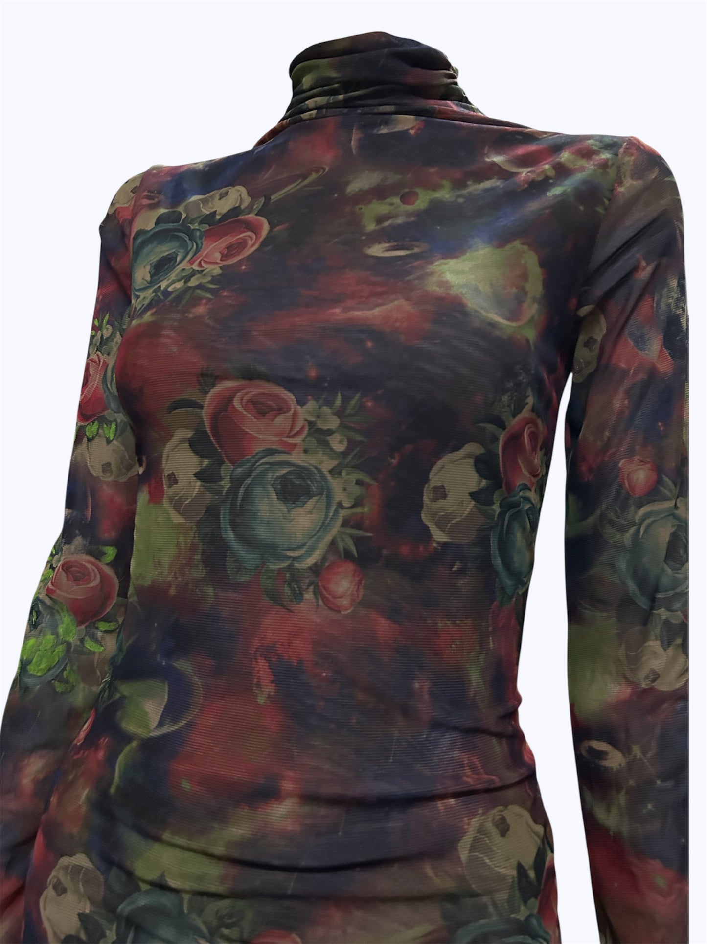 Vintage Floral Print Mesh Turtleneck Longsleeve Top