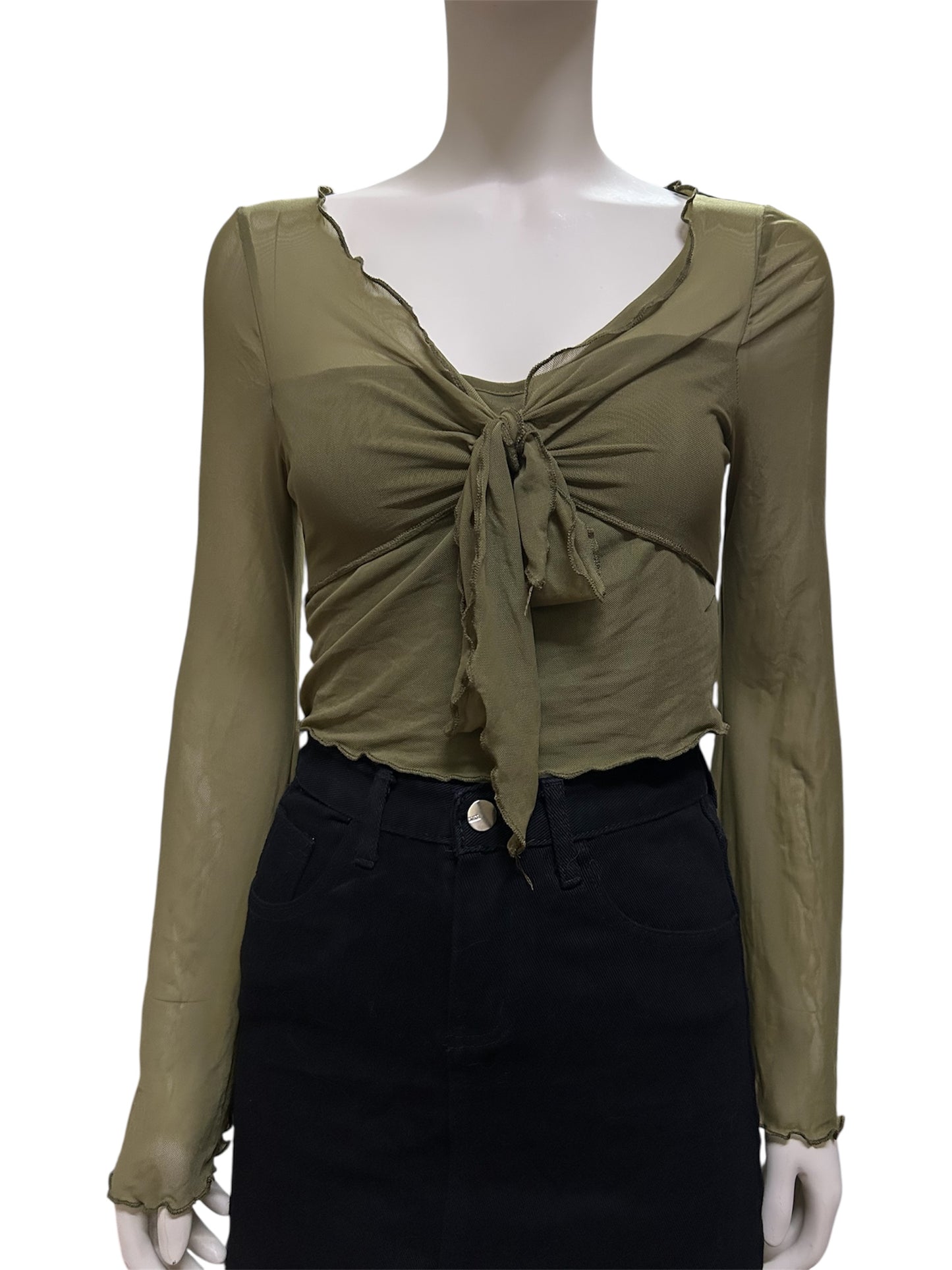 Women’s Tie Front Lettuce Trim Vneck Flare Long Sleeve Crop Tee Shirt Top