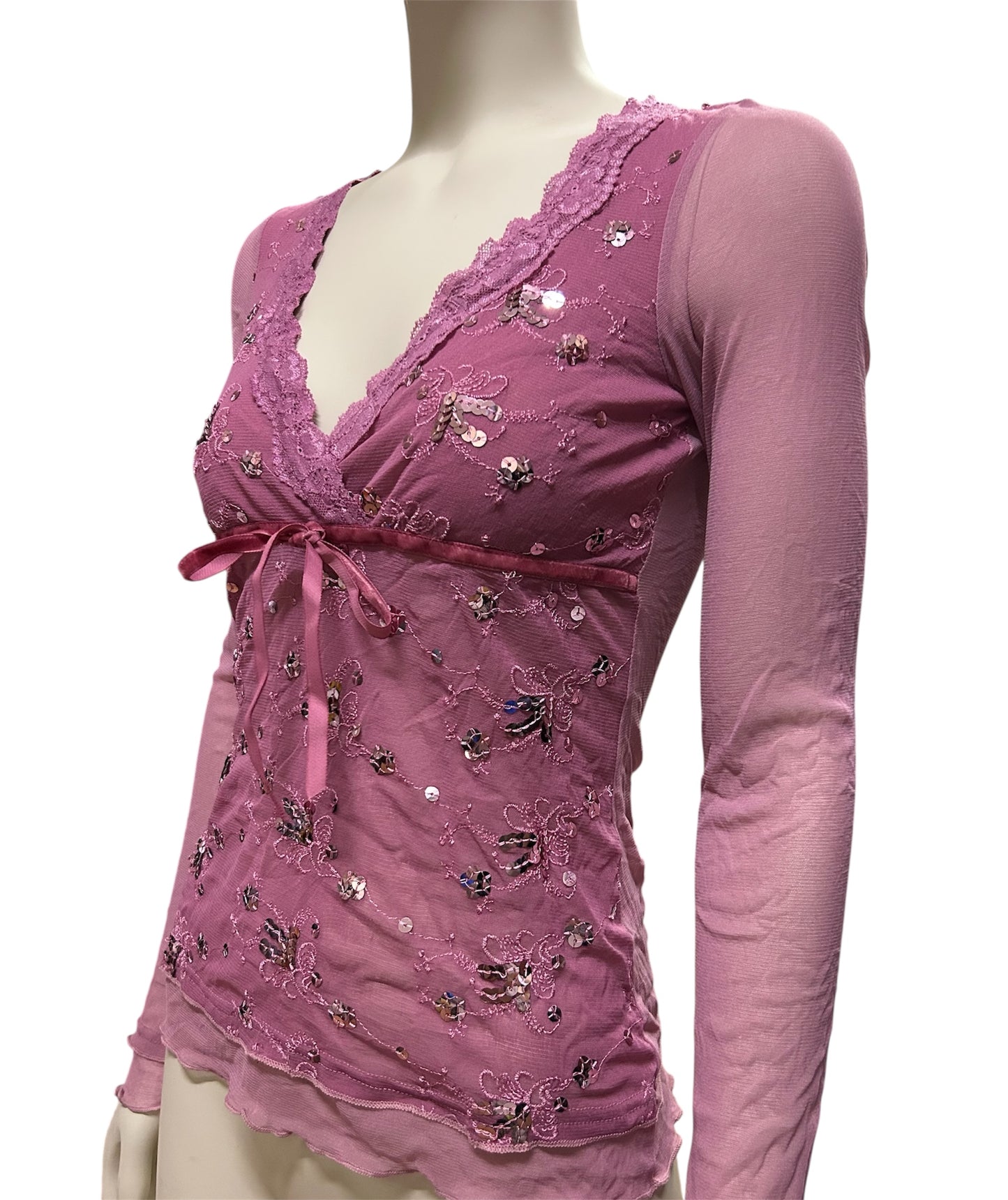 Pink Chiffon and Floral Lace With Tie Font Long Sleeve Top