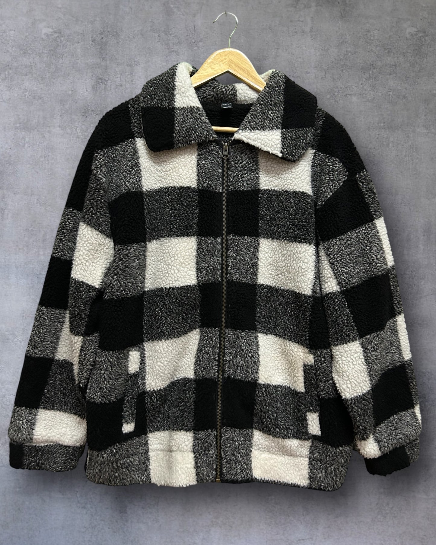 Black Fleece with Stand Collar Zip Winter Jacket Large