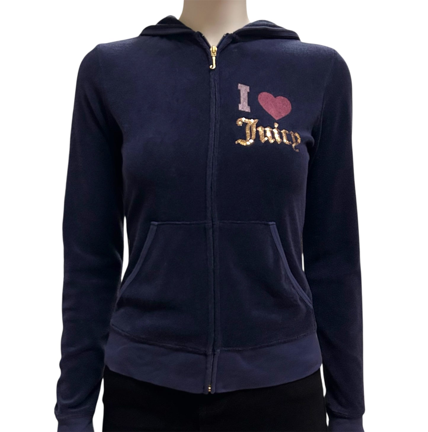 Y2K I love Juicy Couture Sequins Velour Full Zip Hoodie With Back Hit Small