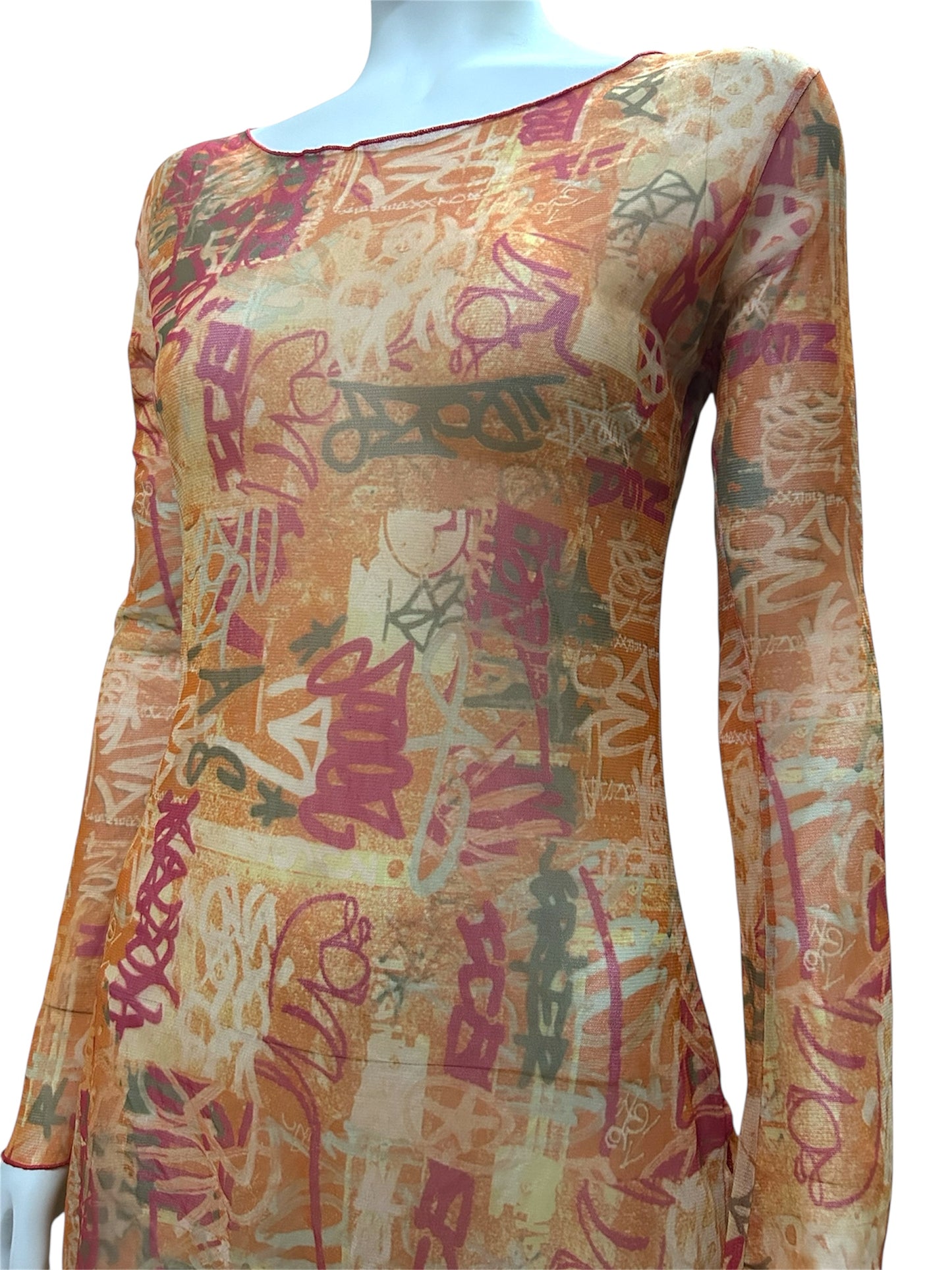 Wome’s Mesh Graffiti Printed Bell Sleeve Side Open Hip Mini Dress