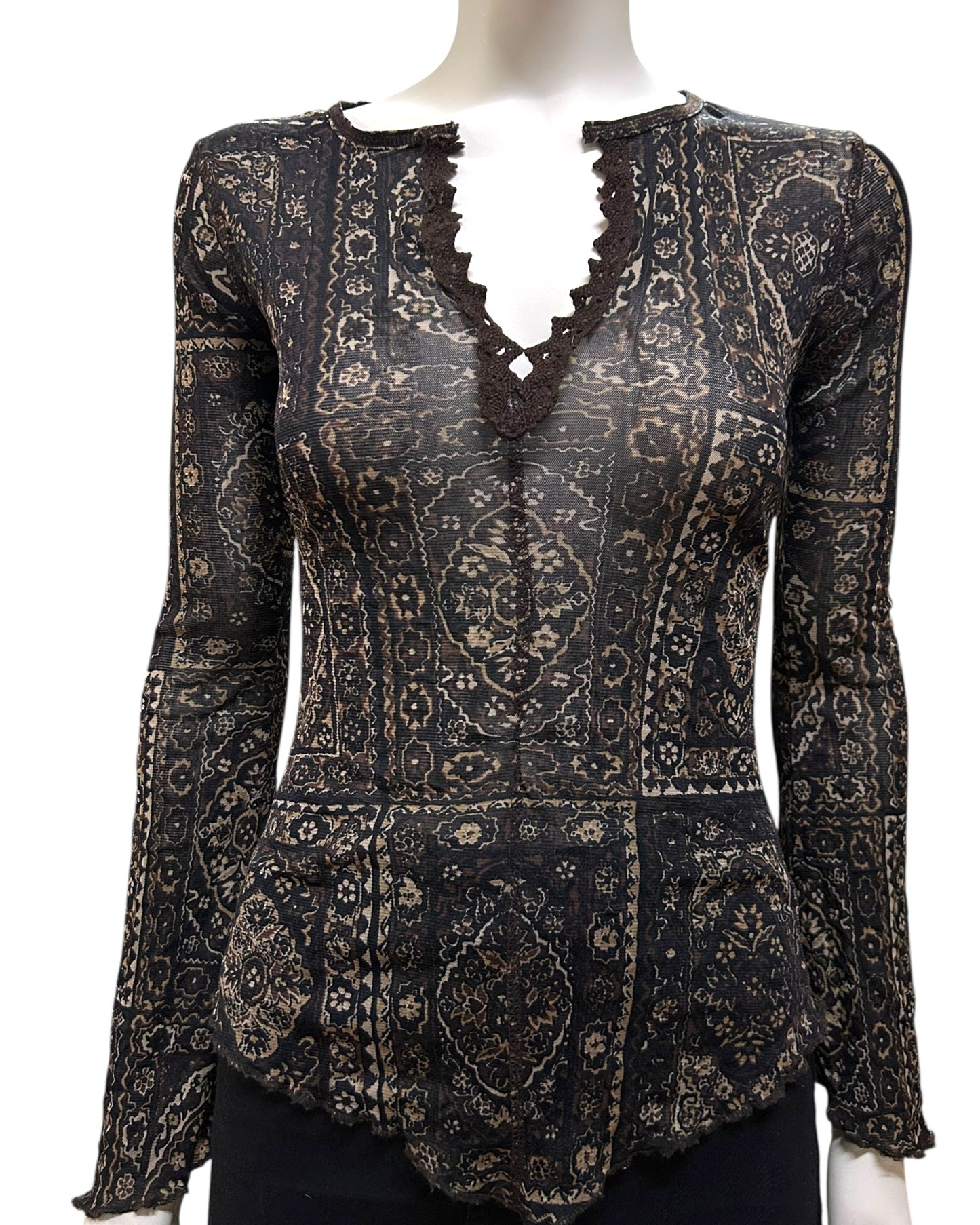 Balmain Brown Patterned Mesh Sheer Belle Sleeve Top Small