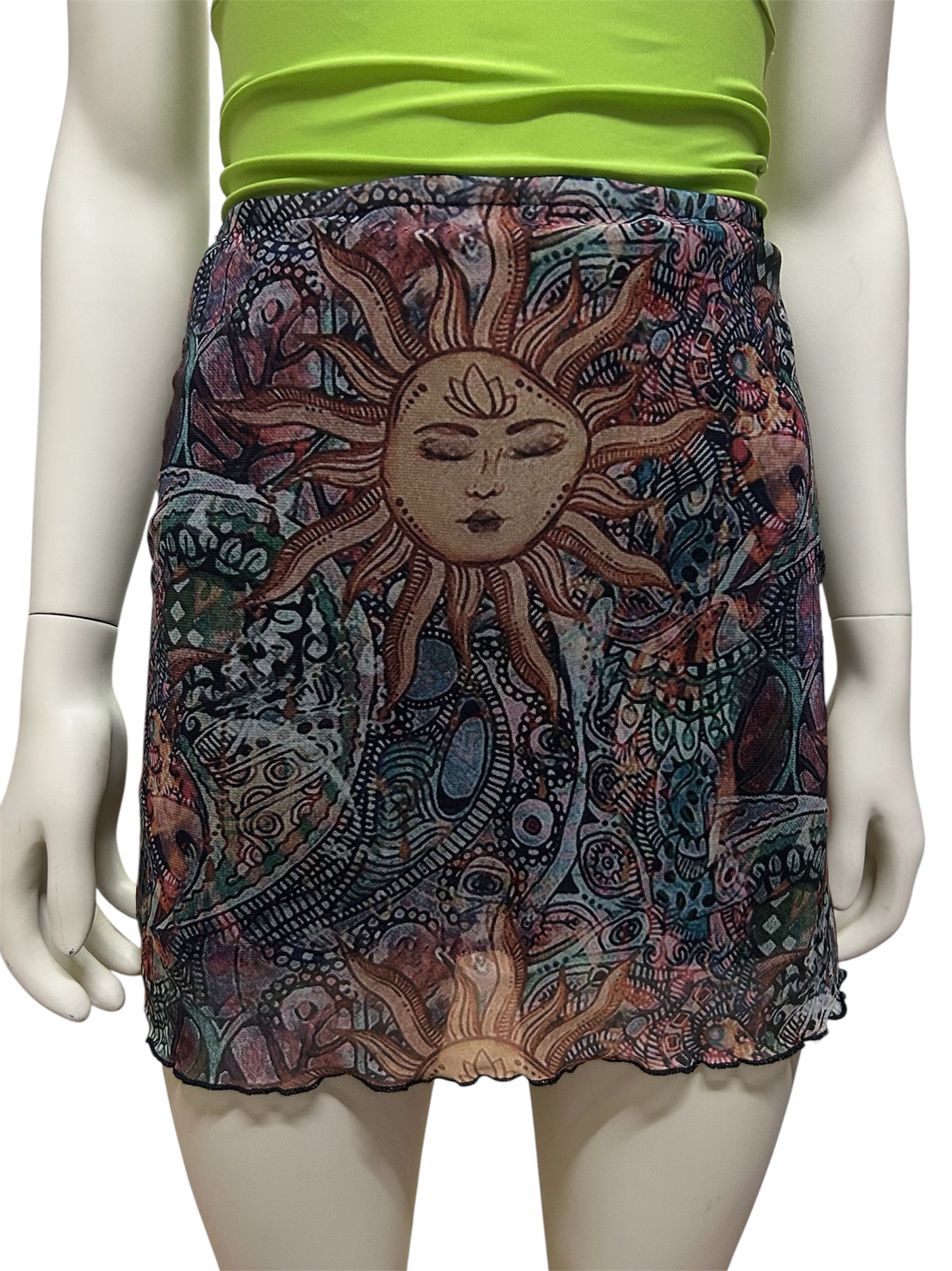 ‘90s Celestial Sun Print Mesh Mini Skirt