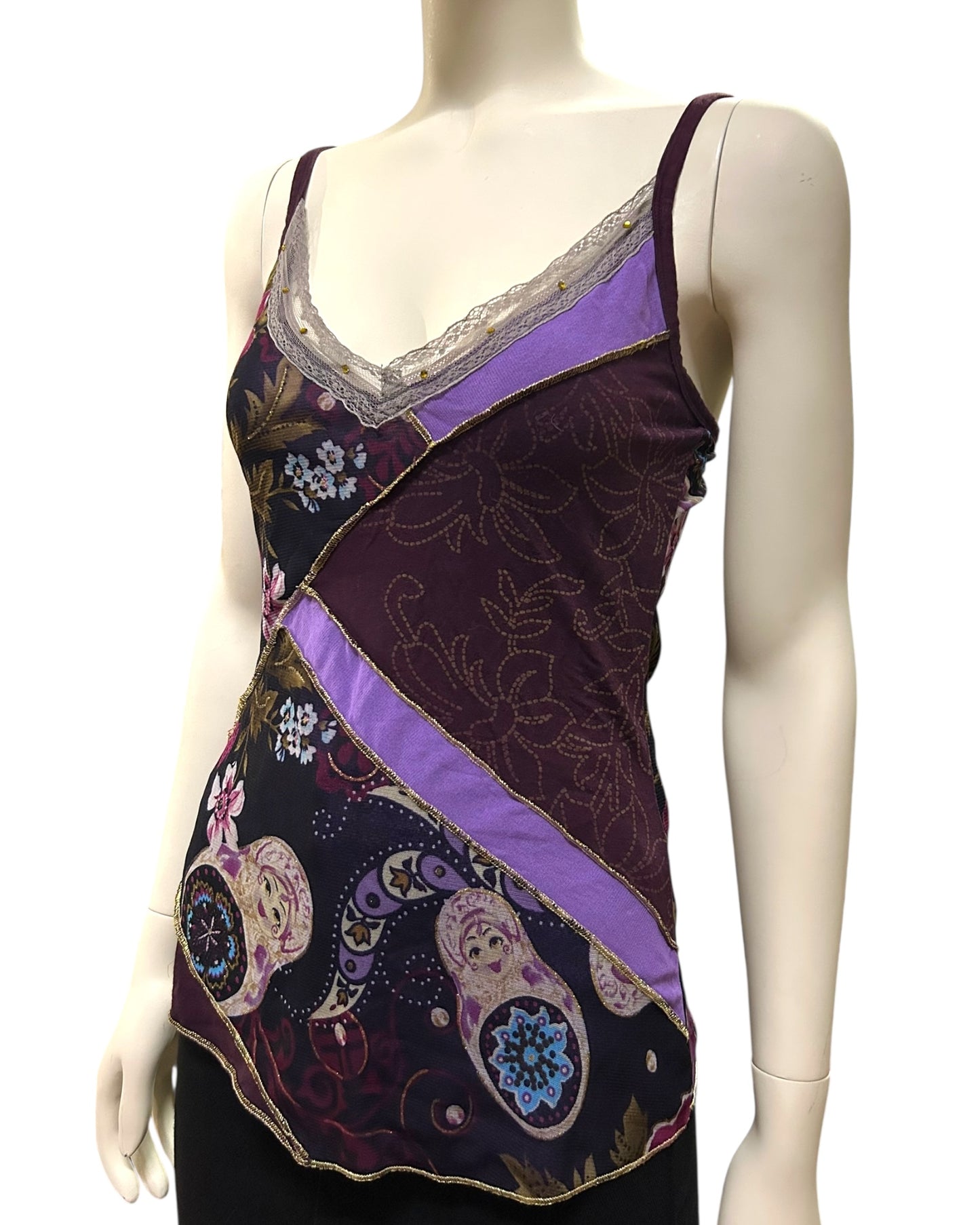 Vintage Floral Nesting Doll Pattern Sleeveless Tops Small