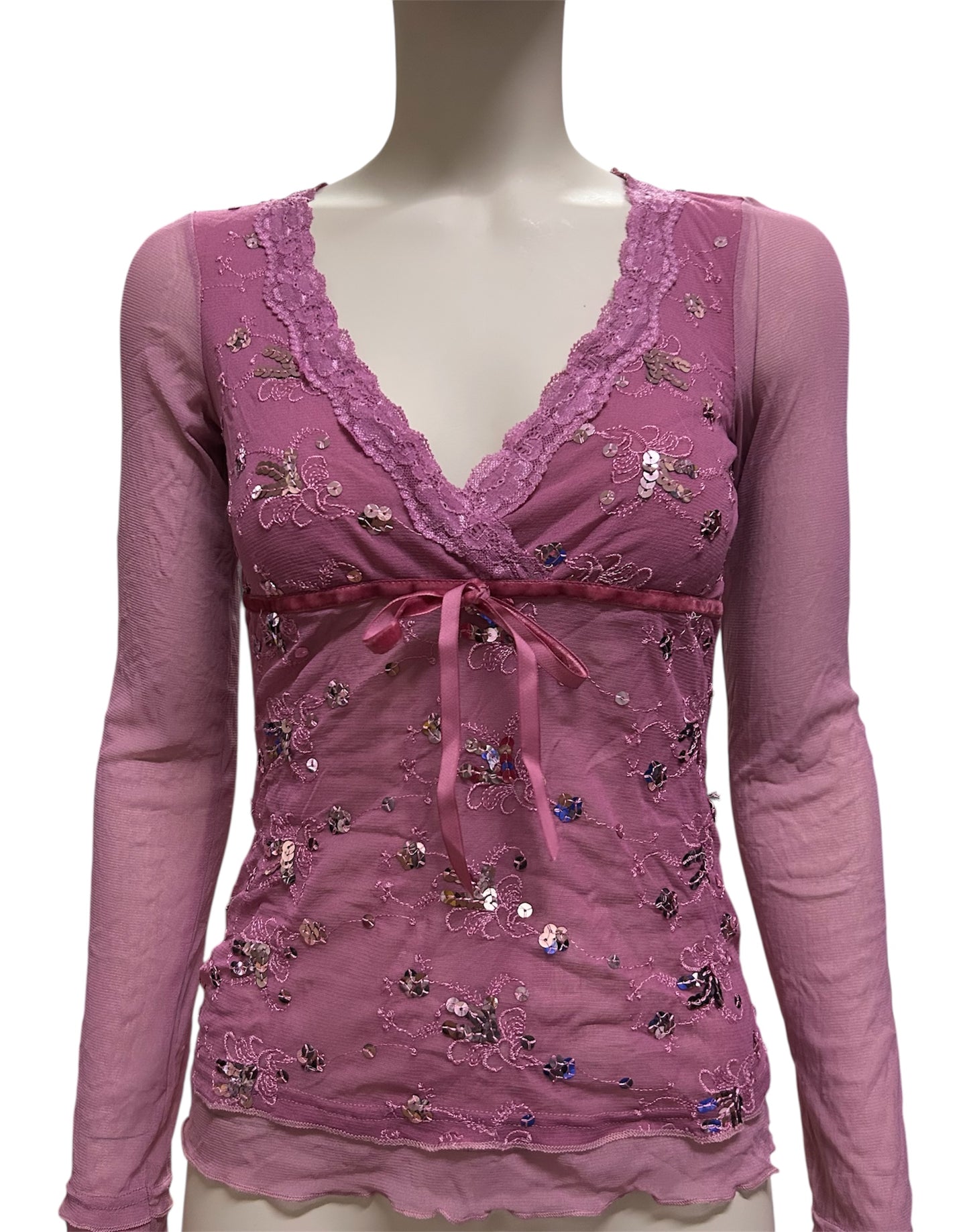 Pink Chiffon and Floral Lace With Tie Font Long Sleeve Top