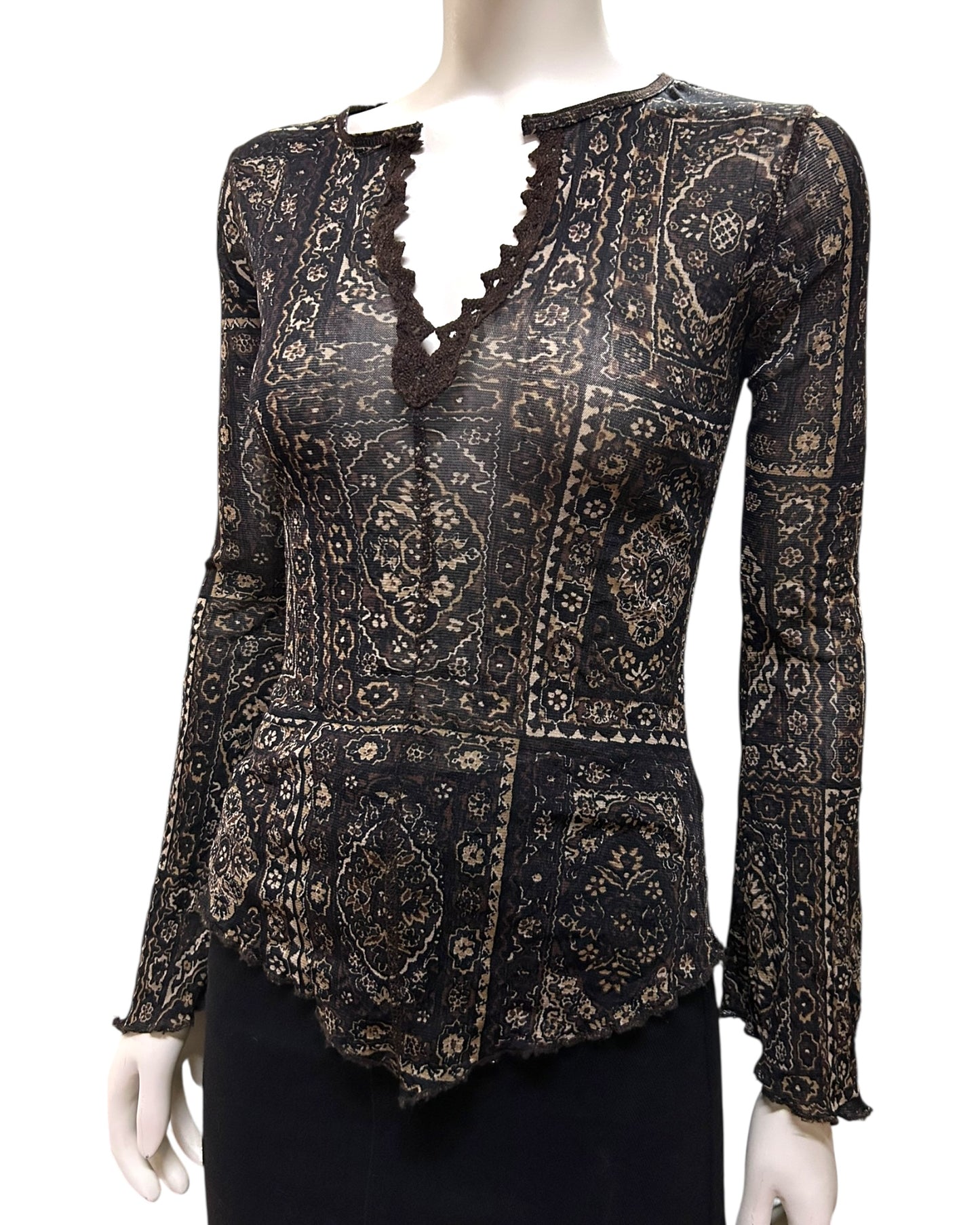 Balmain Brown Patterned Mesh Sheer Belle Sleeve Top Small