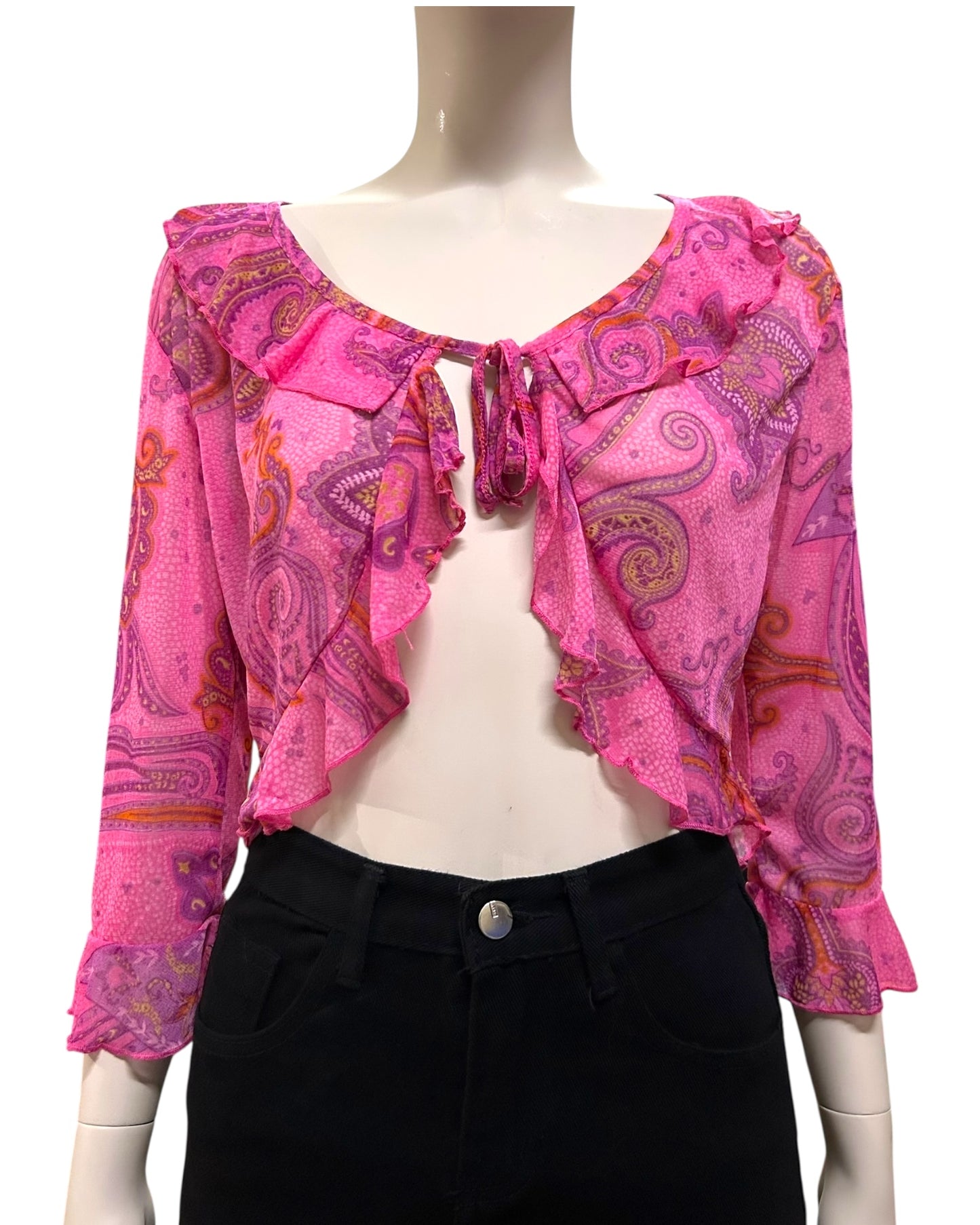 Paisley Mesh Tied Bell Sleeve Blouse Small
