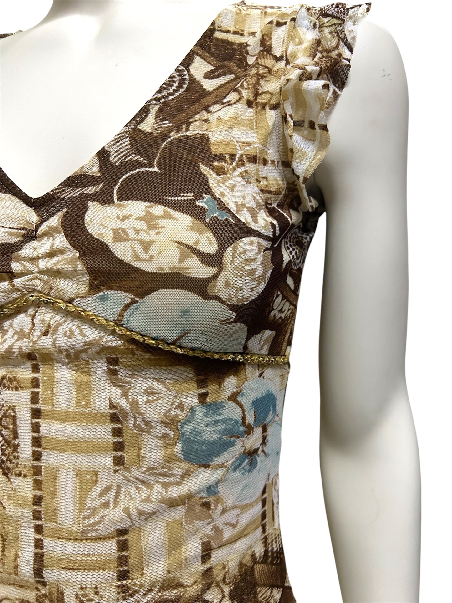Vintage Boho Pattern With Sequin Mesh Ruffled Top
