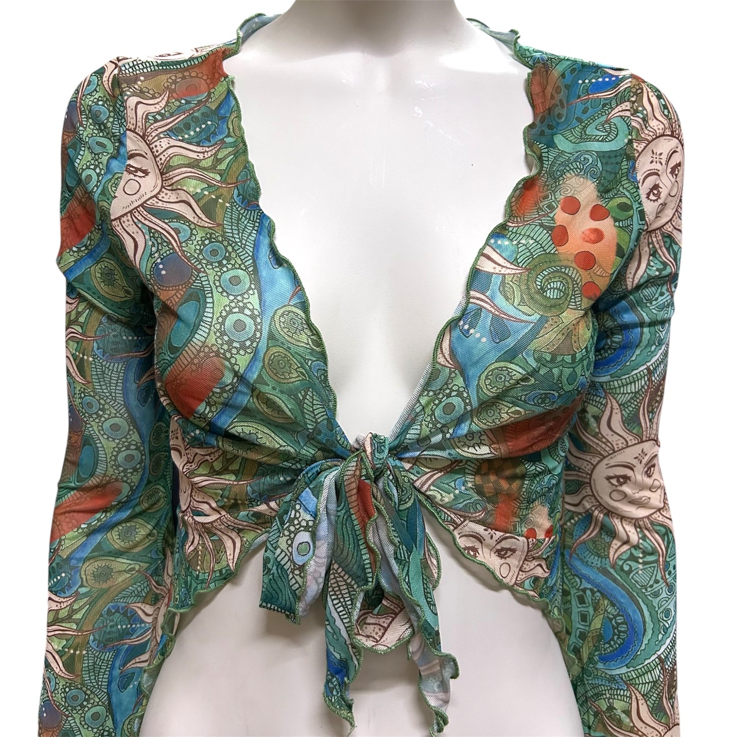 Women’s Celestial Sun Print Mesh Tie Front Bell Long Sleeve Crop Top