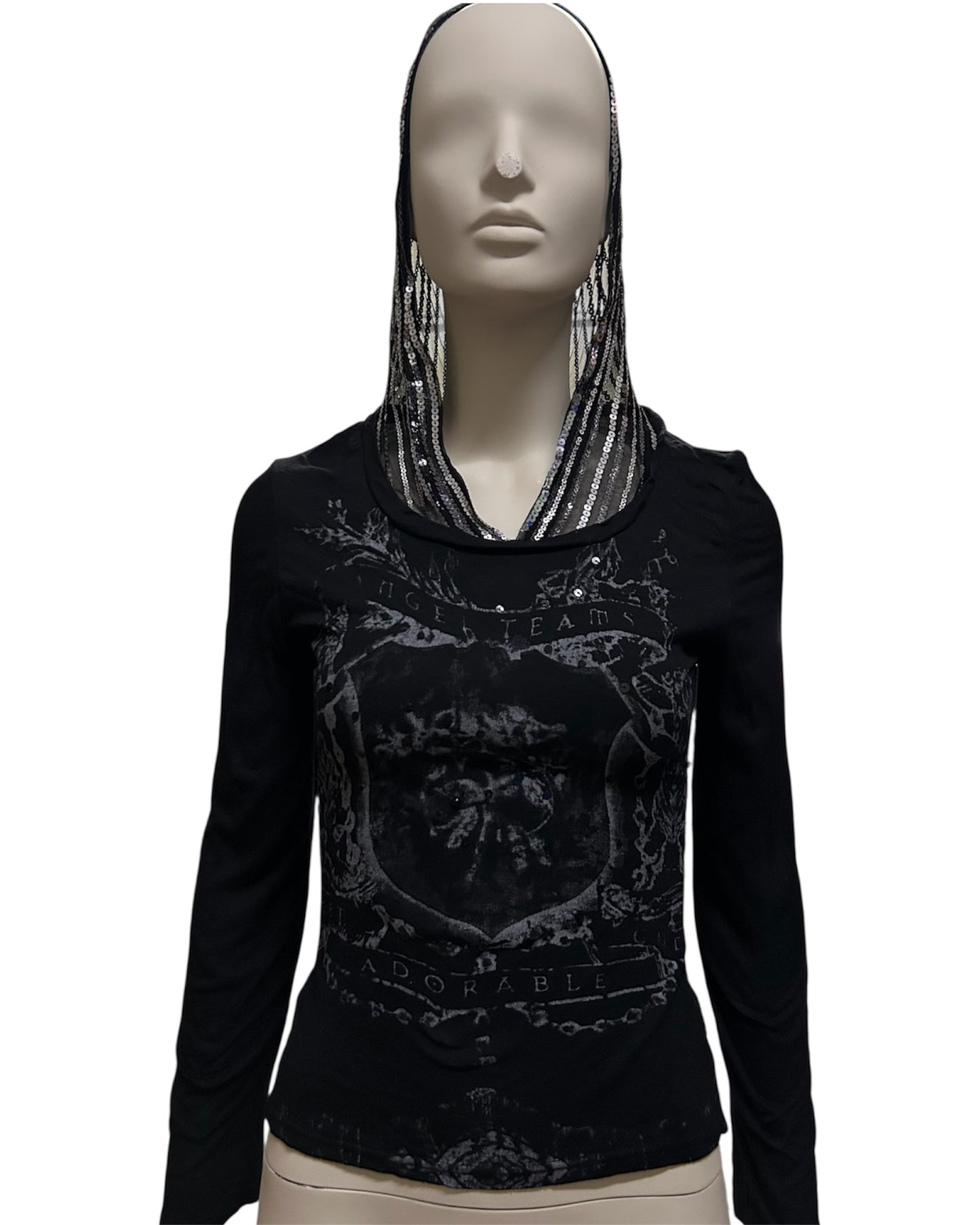 Women Black Graphic with Hooded Long Sleeve