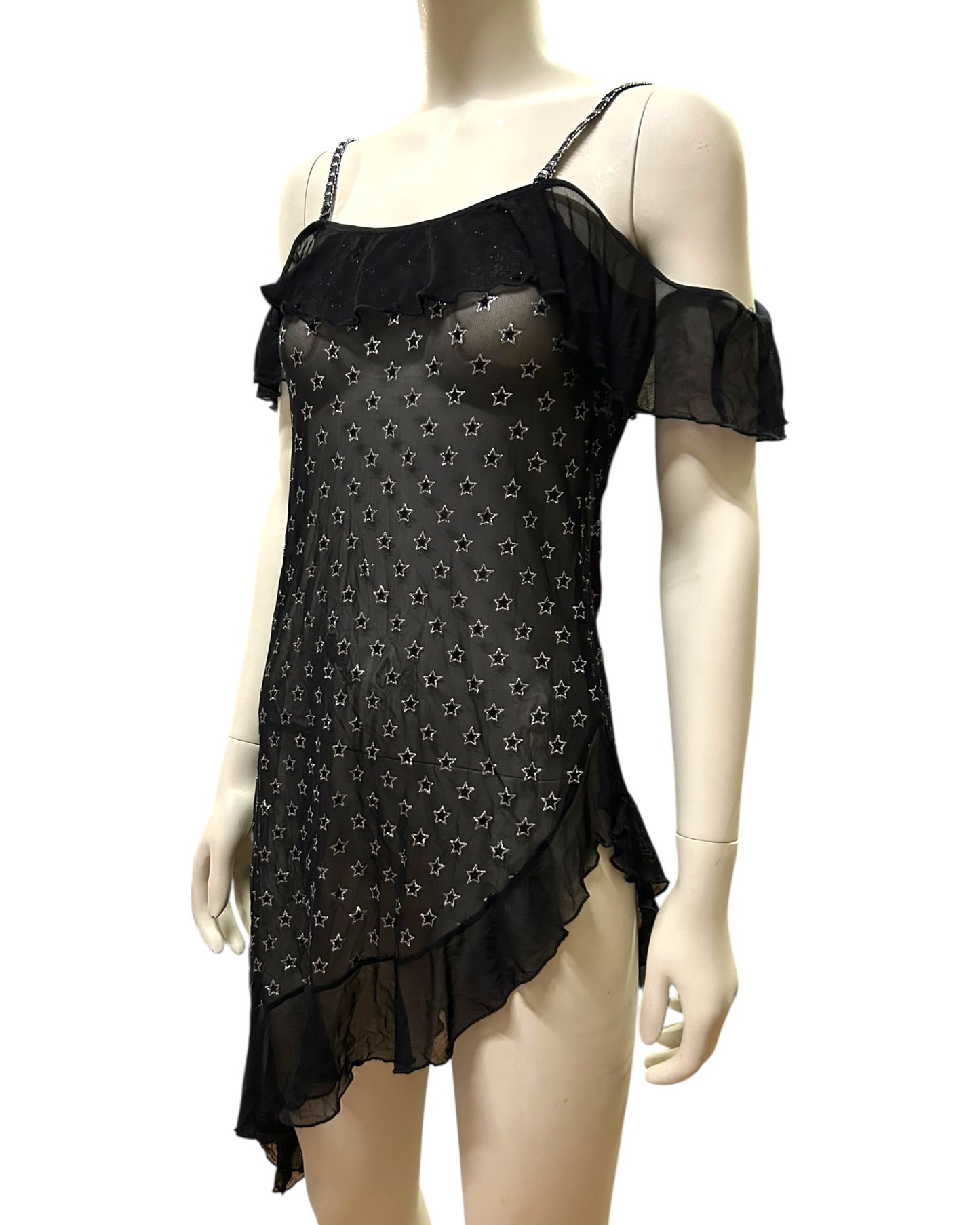 Black Star Cold Shoulder Side Ruffled Mini Dress Medium