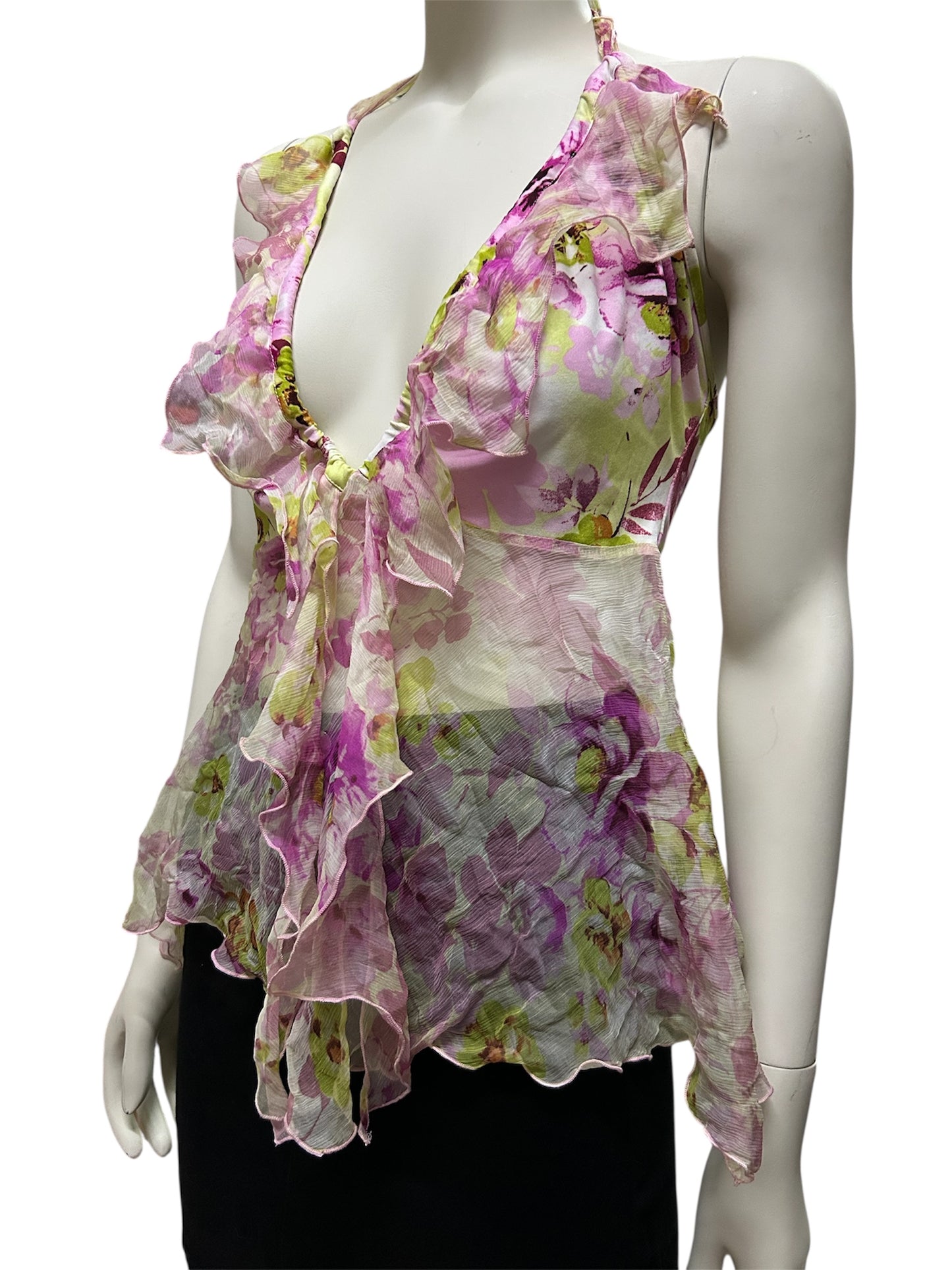 Sexy Floral Print Ruffled Halter Neck Tie Front Top