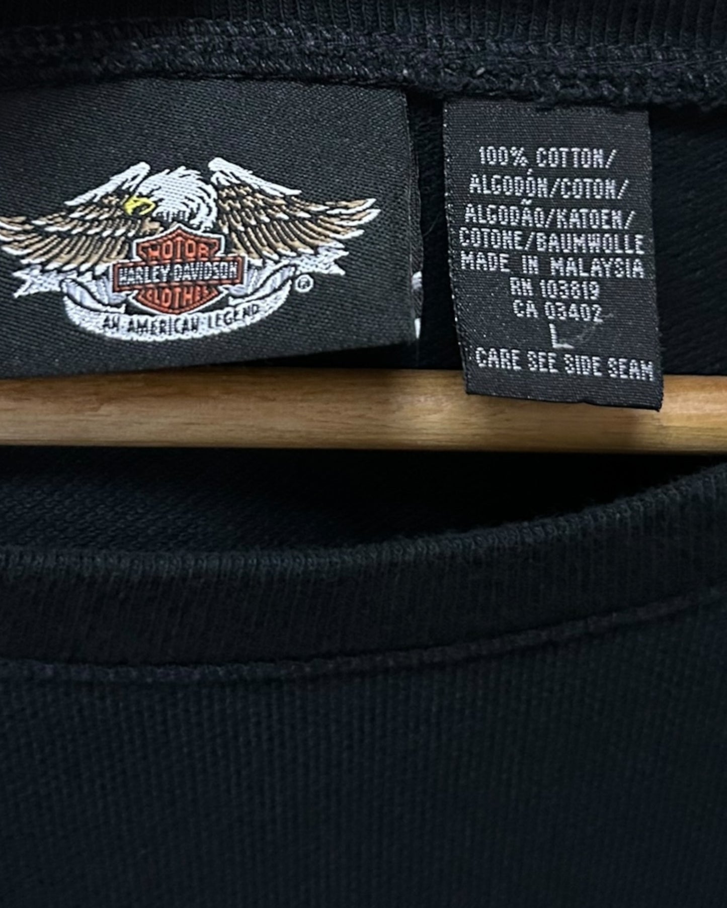 Harley Davidson Mens Motor Cycle Long Sleeve Tee Black Crewneck Large Large to XL