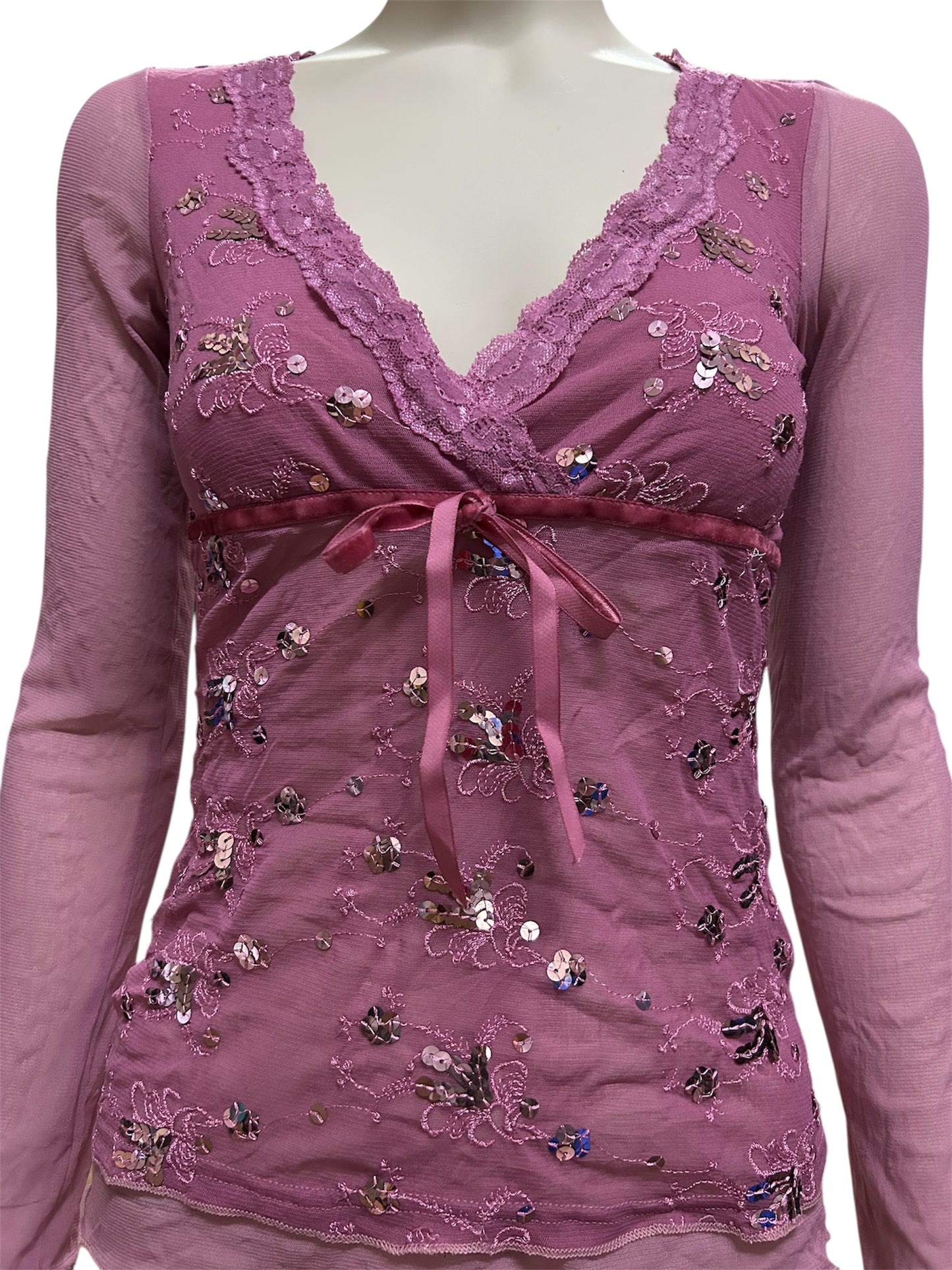 Pink Chiffon and Floral Lace With Tie Font Long Sleeve Top