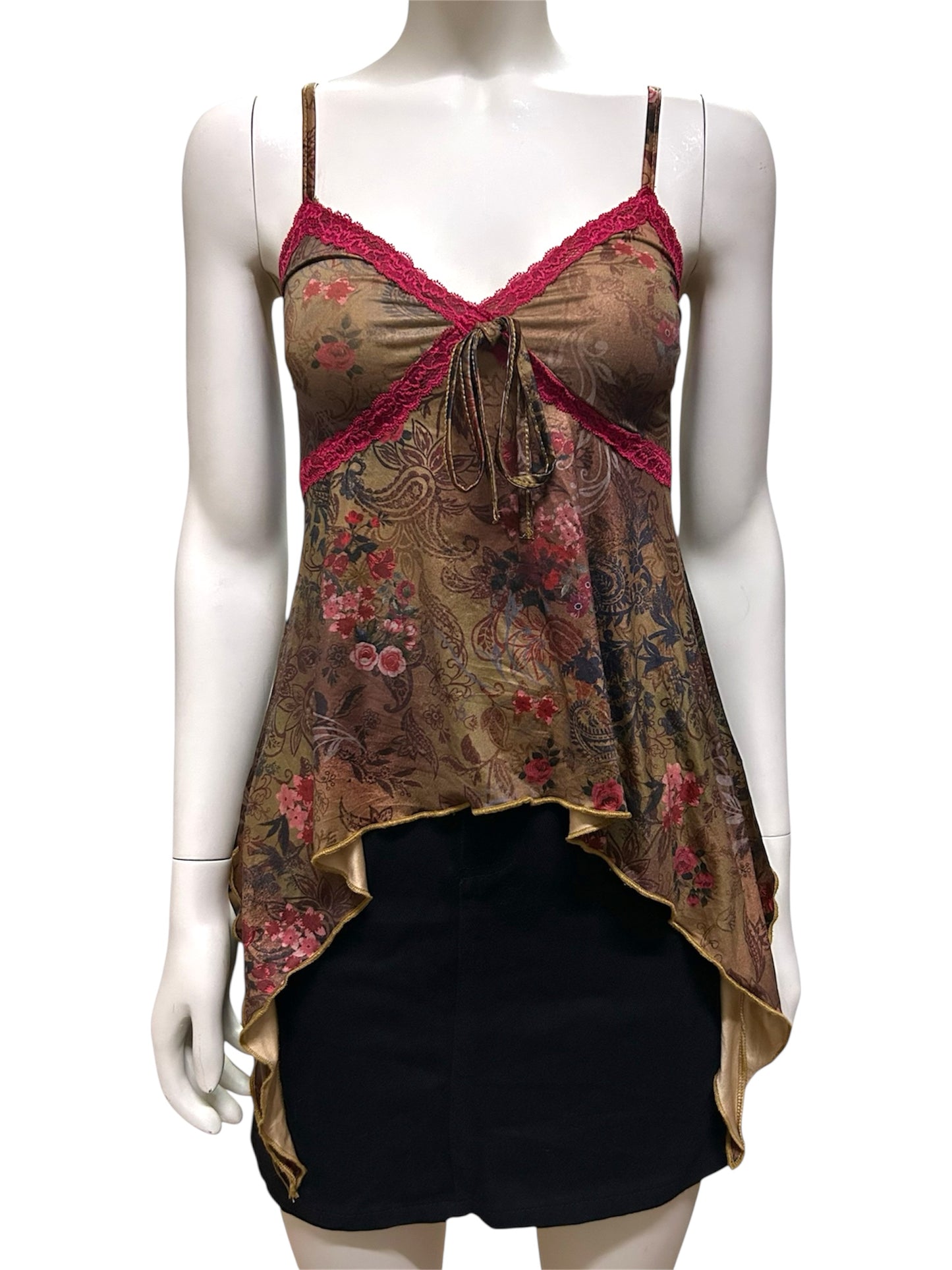 Y2K Floral Asymmetrical Trim Bow Tie Boho Sleeveless Cami Going Out Cami Top