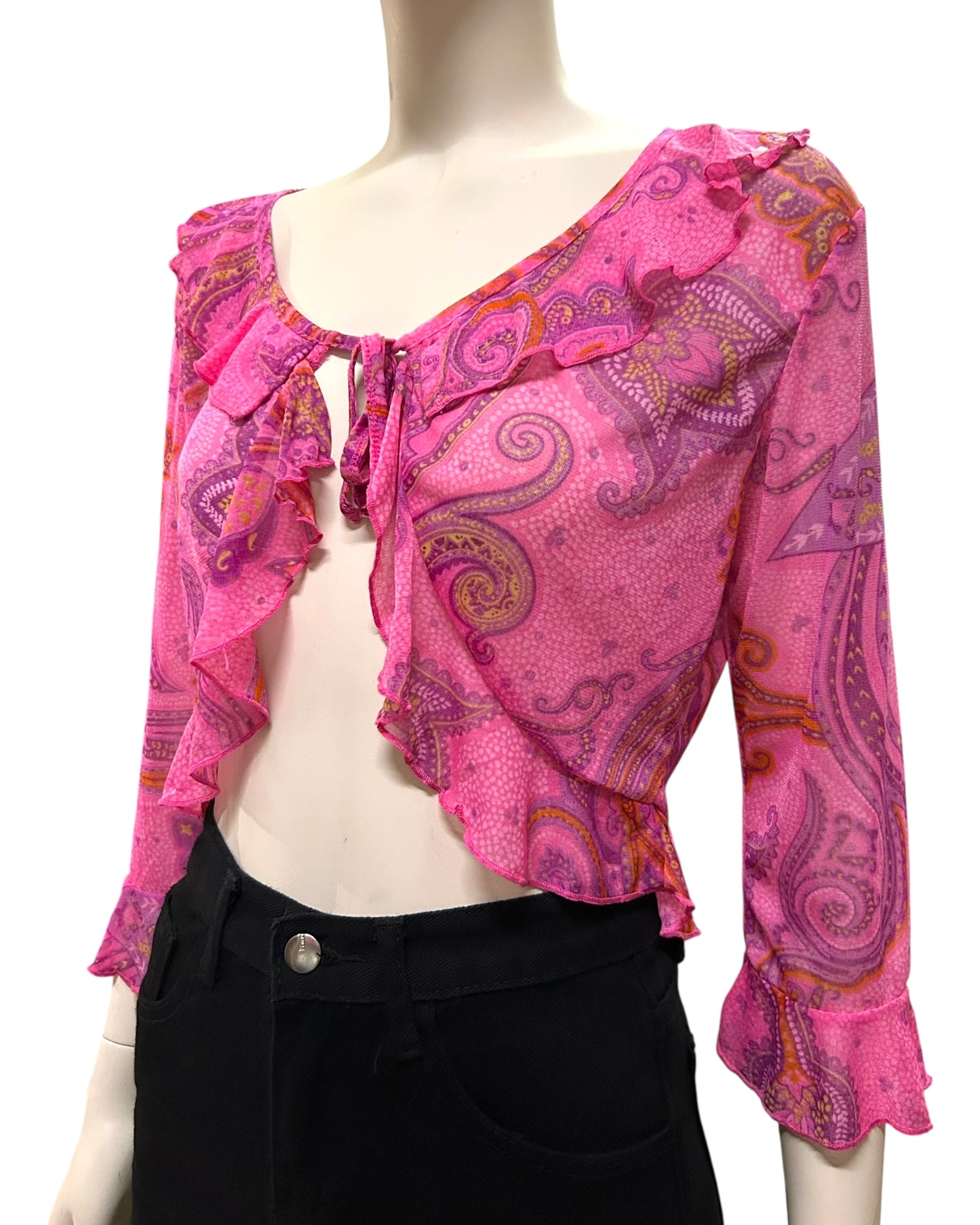 Paisley Mesh Tied Bell Sleeve Blouse Small