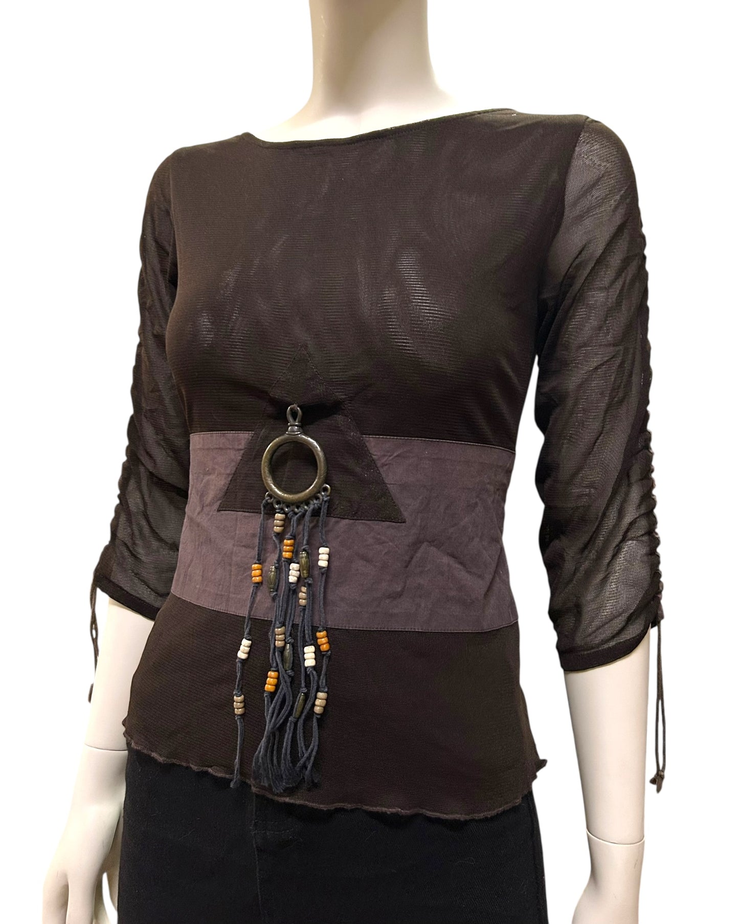 Boho Brown Mesh Long Sleeve Top Small