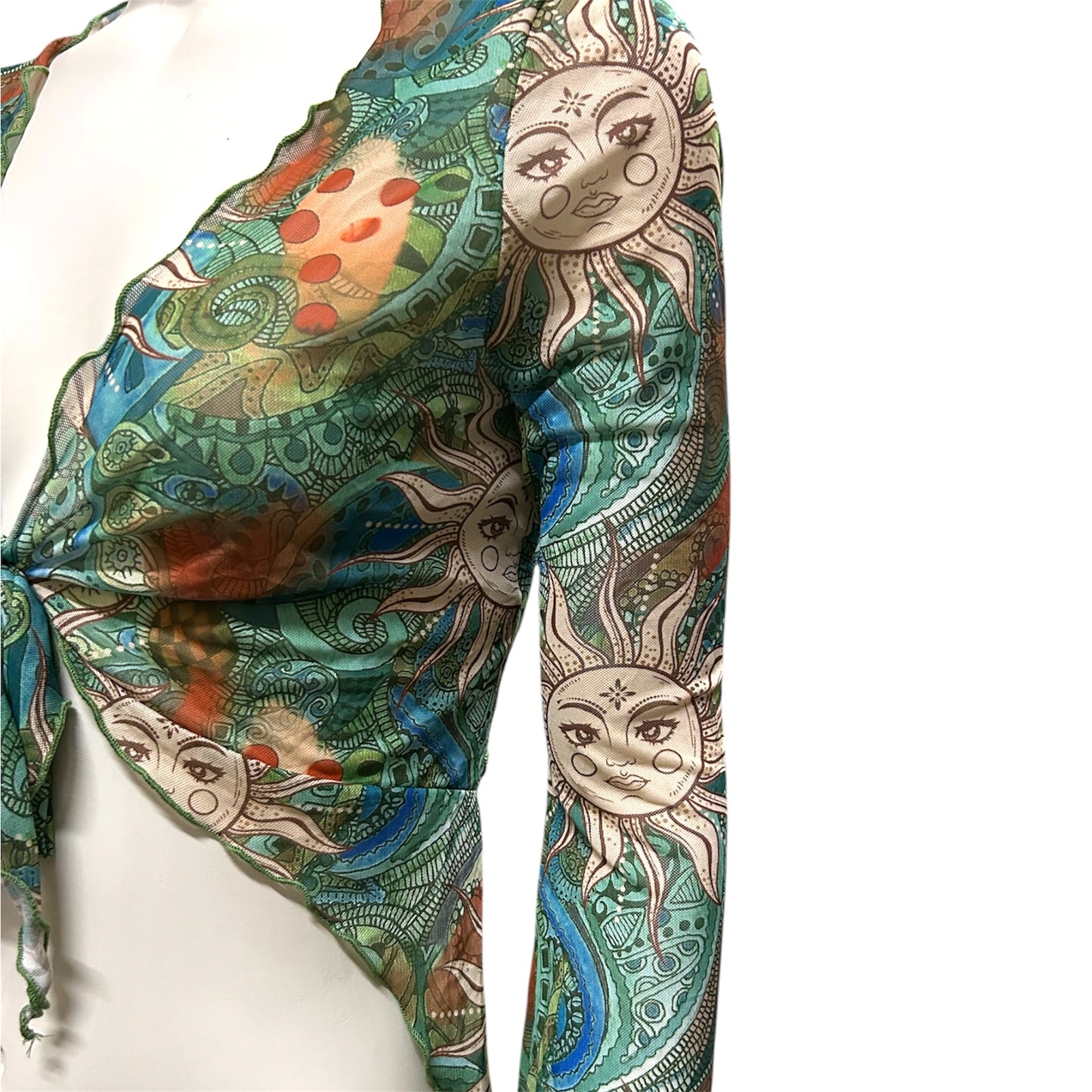 Women’s Celestial Sun Print Mesh Tie Front Bell Long Sleeve Crop Top