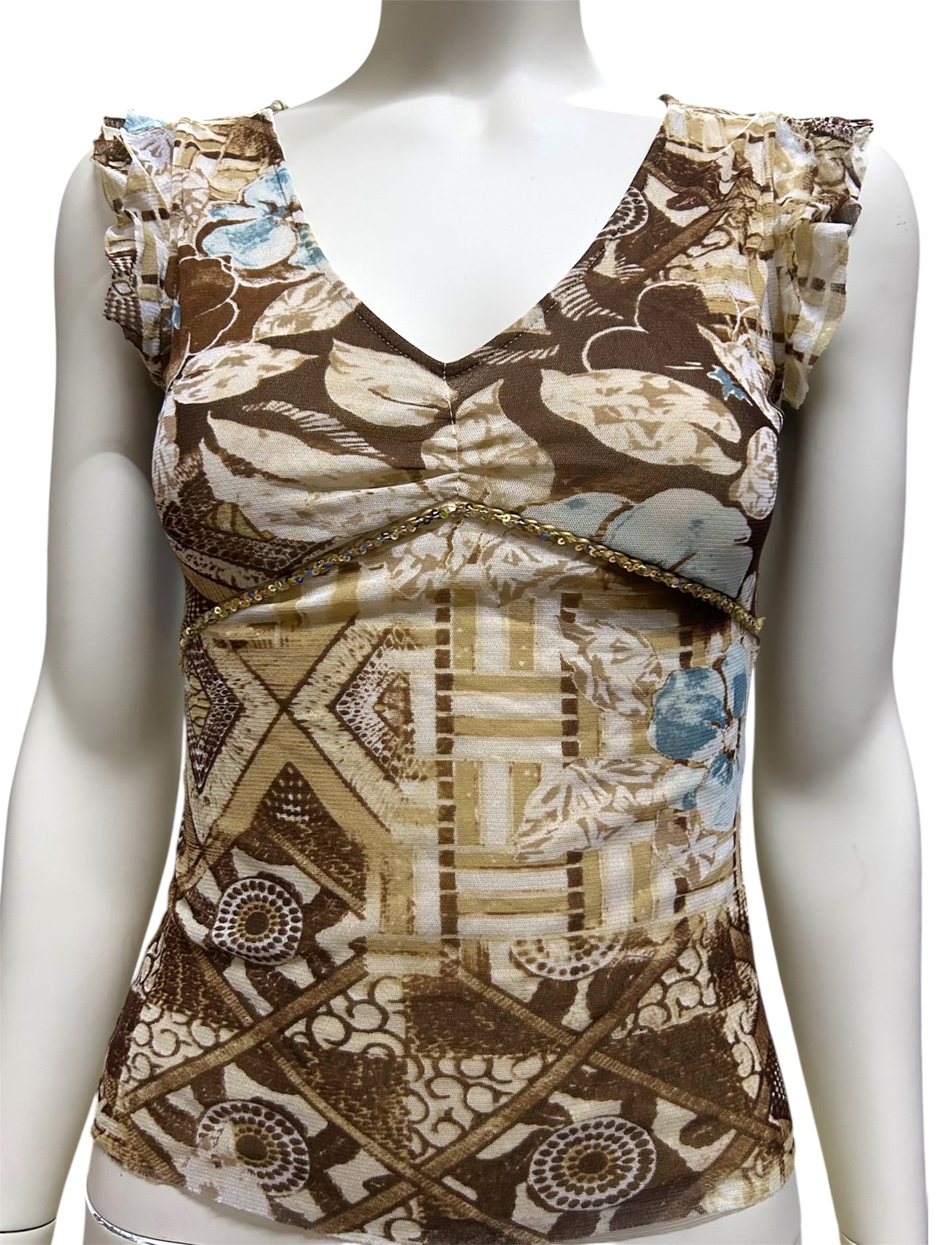 Vintage Boho Pattern With Sequin Mesh Ruffled Top