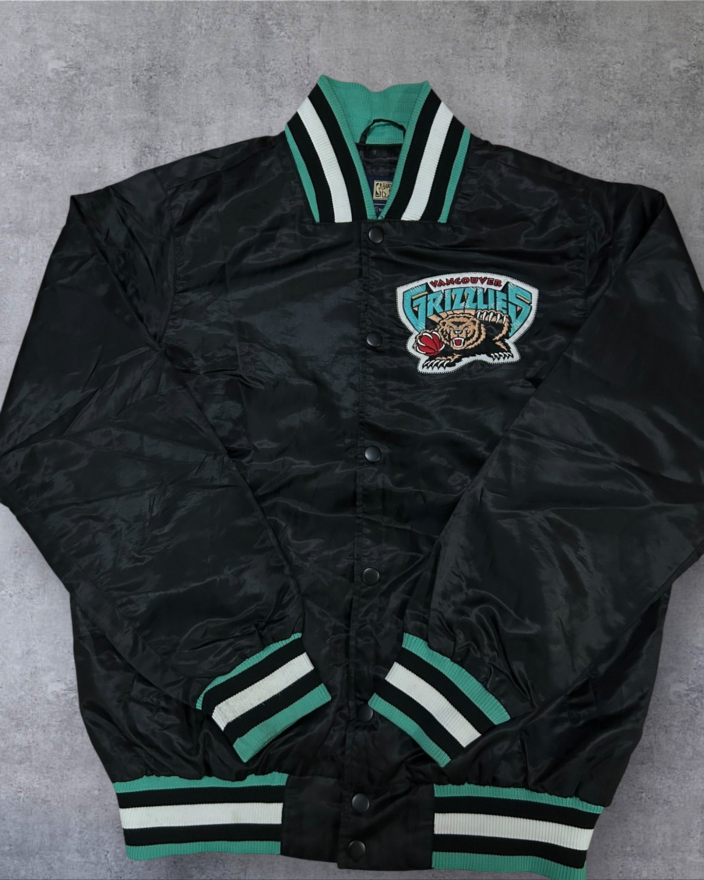 Vancouver Grizzlies Teady Bear Black Varsity Satin Jacket Large to XL