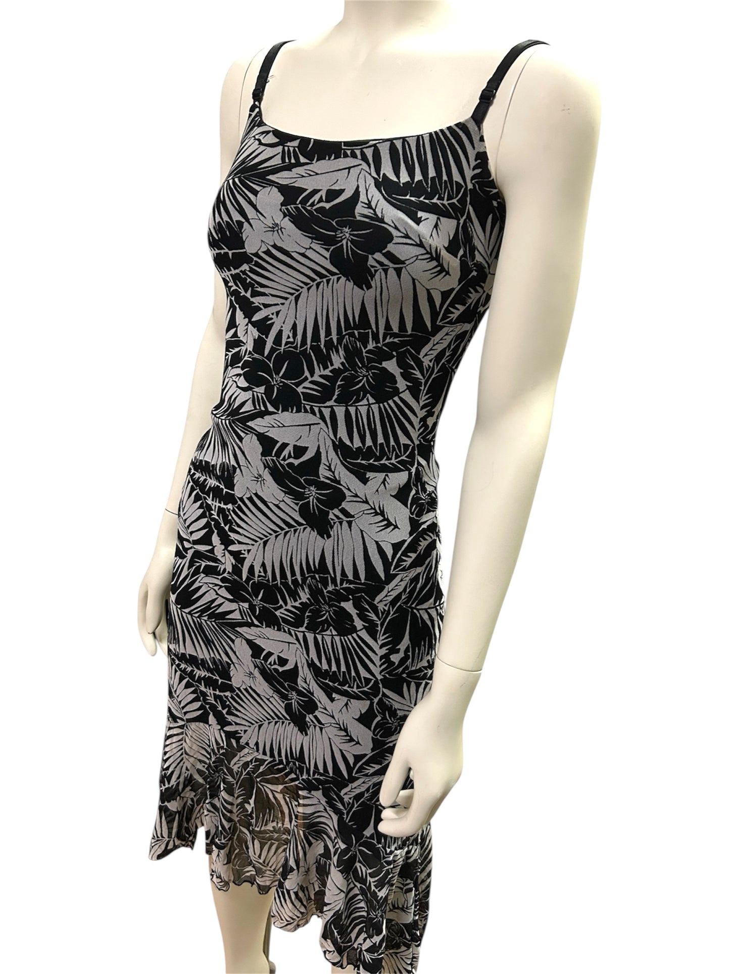 Black and White Floral Print Adjustable Spagetti Strap Asymmetrical Maxi Dress