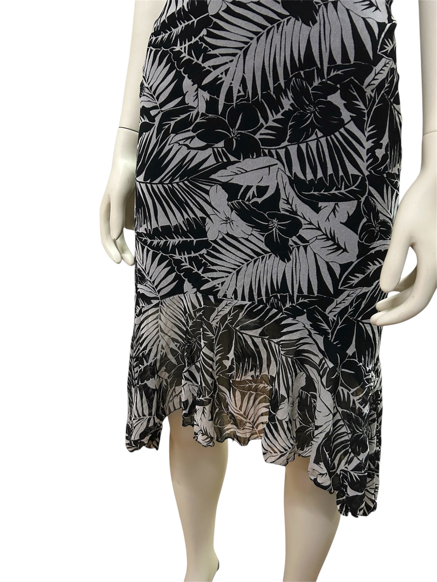 Black and White Floral Print Adjustable Spagetti Strap Asymmetrical Maxi Dress