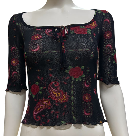 Half Sleeve Floral Print With Font Tie Top