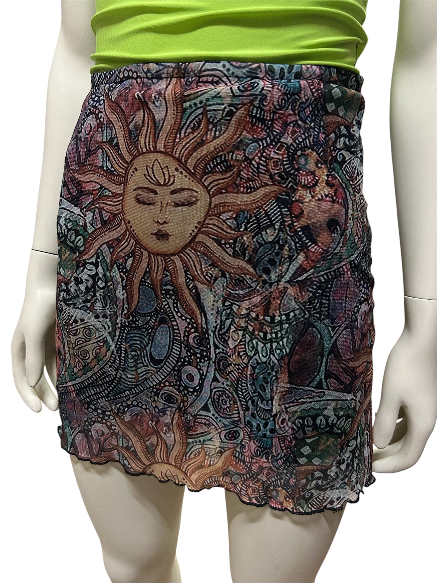 ‘90s Celestial Sun Print Mesh Mini Skirt
