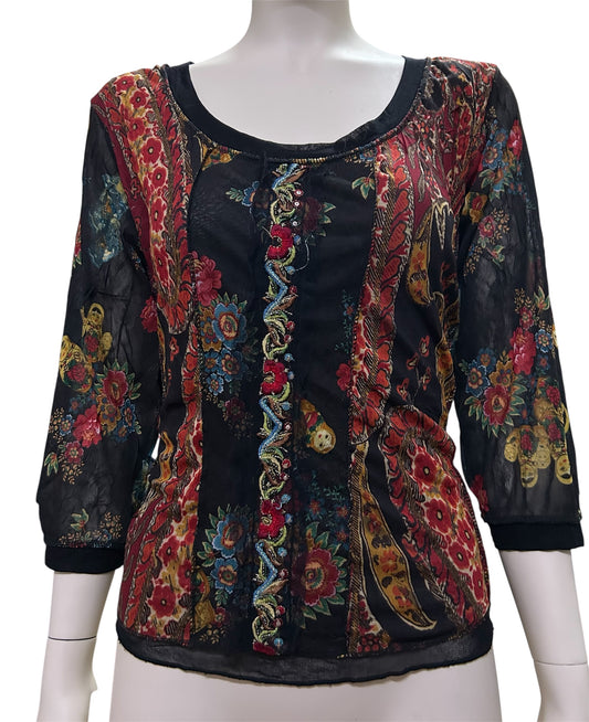 Women’s Floral and Nesting Doll Vintage Pattern With Lace Strip on front Long Sleeve