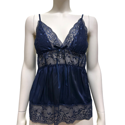 Midnight Sheer Blue Mesh & Lace Babydol Strappy Top