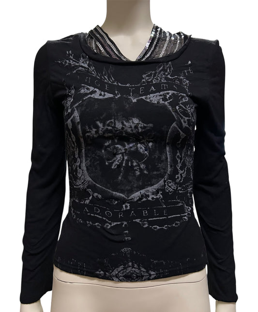 Women Black Graphic with Hooded Long Sleeve