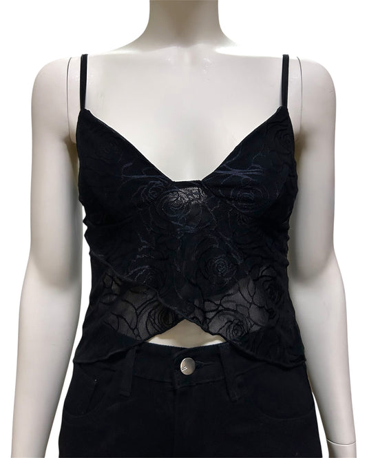 Lace Crop Top Sleeveless Adjustable Spagetti Straps Slit Hem Camisole Sexy Tank Top Streetwear