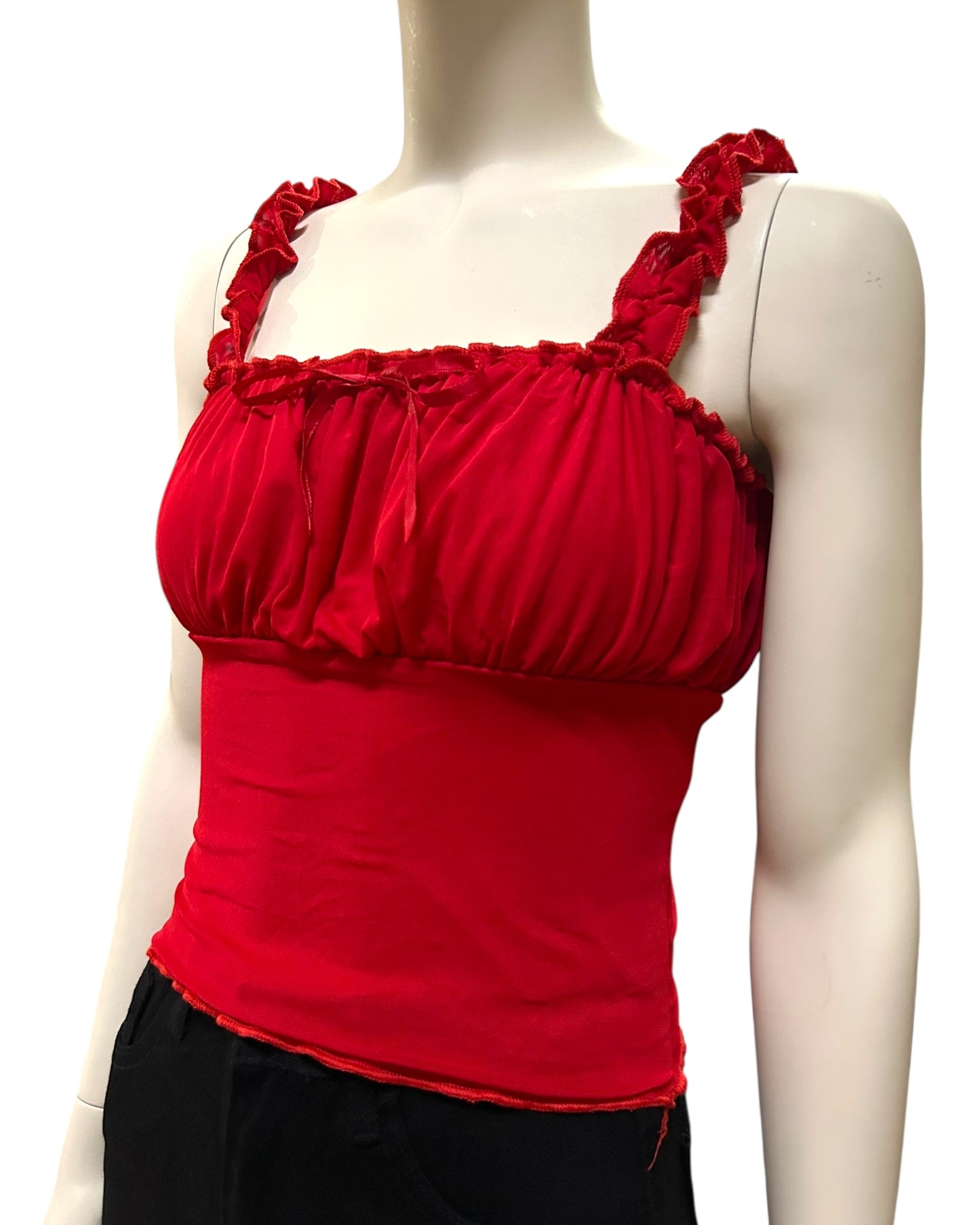 Red Square Neck Frill Strap Corset Spagetti Ribbed Tops XS to Small