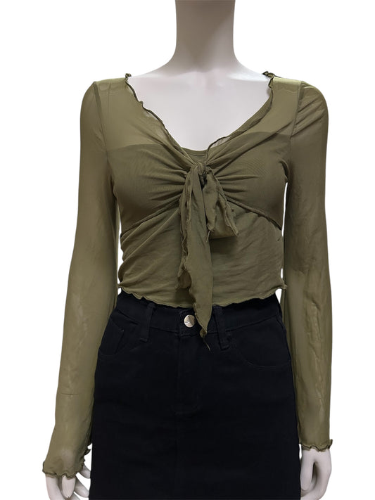 Women’s Tie Front Lettuce Trim Vneck Flare Long Sleeve Crop Tee Shirt Top