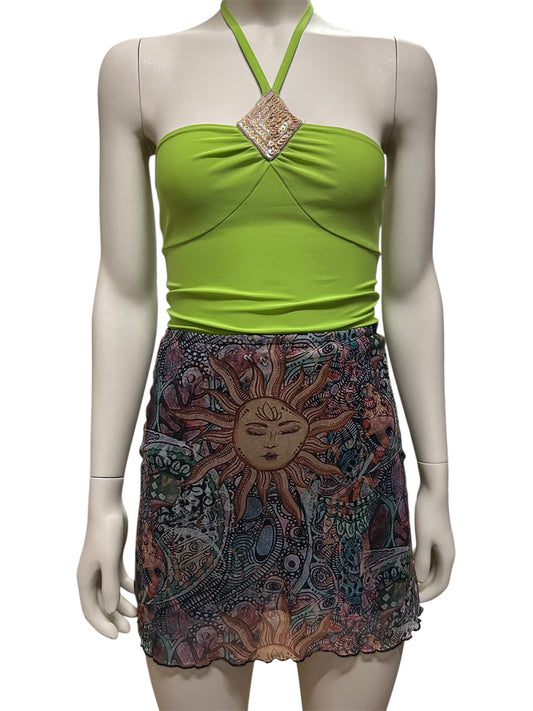 ‘90s Celestial Sun Print Mesh Mini Skirt