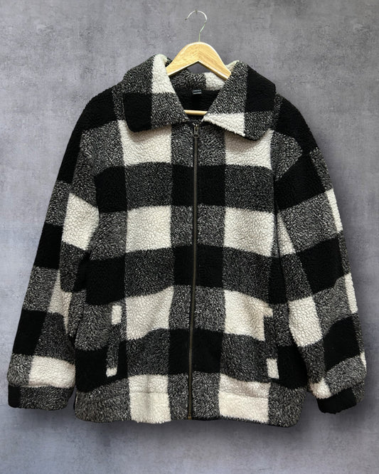 Black Fleece with Stand Collar Zip Winter Jacket Large
