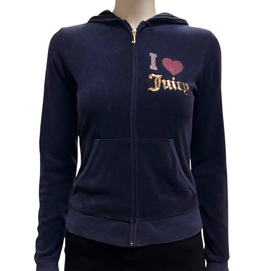 Y2K I love Juicy Couture Sequins Velour Full Zip Hoodie With Back Hit Small