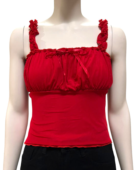 Red Square Neck Frill Strap Corset Spagetti Ribbed Tops XS to Small