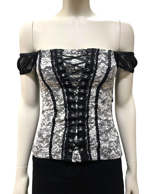 Vintage Y2k Gothic White & Black Lace Corset Top With Lace Up Small