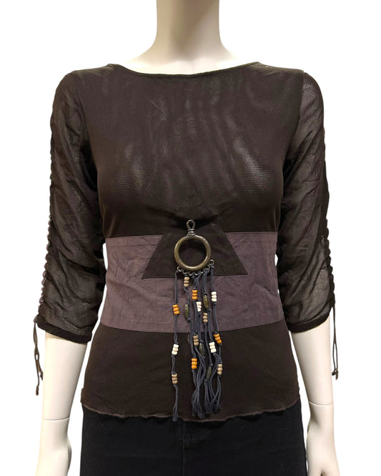 Boho Brown Mesh Long Sleeve Top Small