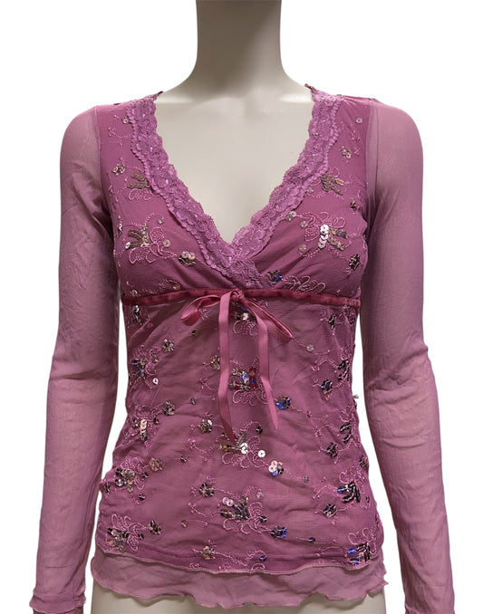 Pink Chiffon and Floral Lace With Tie Font Long Sleeve Top